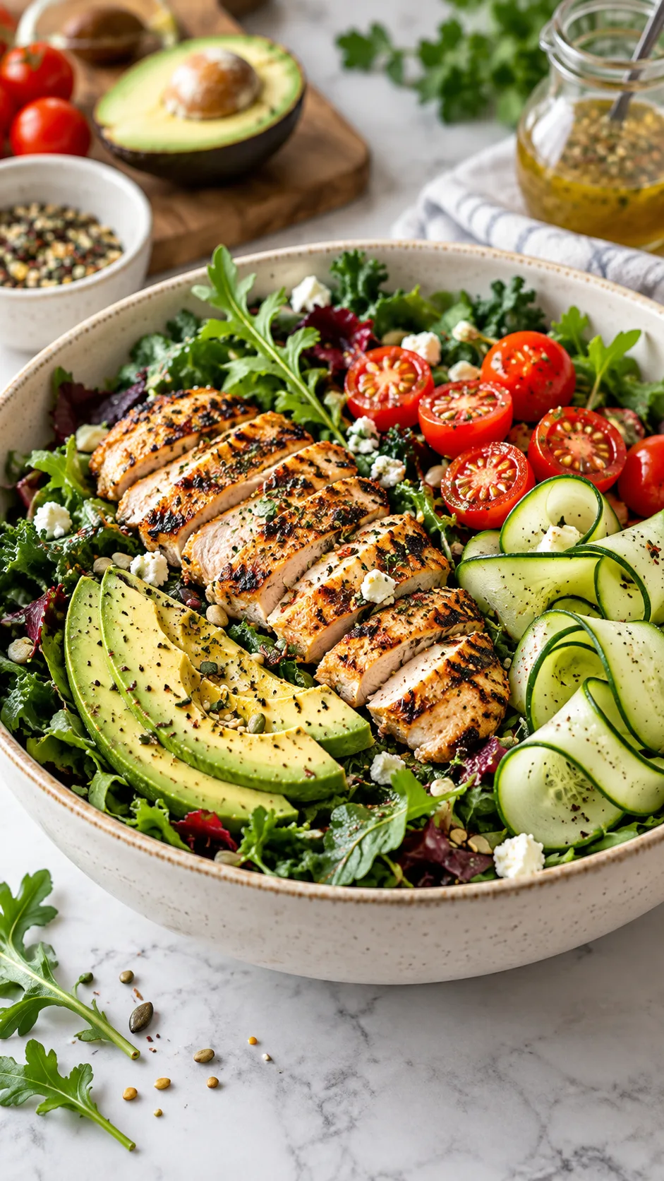 The High-Protein 1300 Calorie Meal Plan That Actually Keeps You Full All Day 4 A beautifully seasoned grilled chicken salad in an ivory ceramic bowl filled with dark leafy greens, avocado slices, halved cherry tomatoes, and shaved cucumber ribbons, photographed from a 45-degree angle.