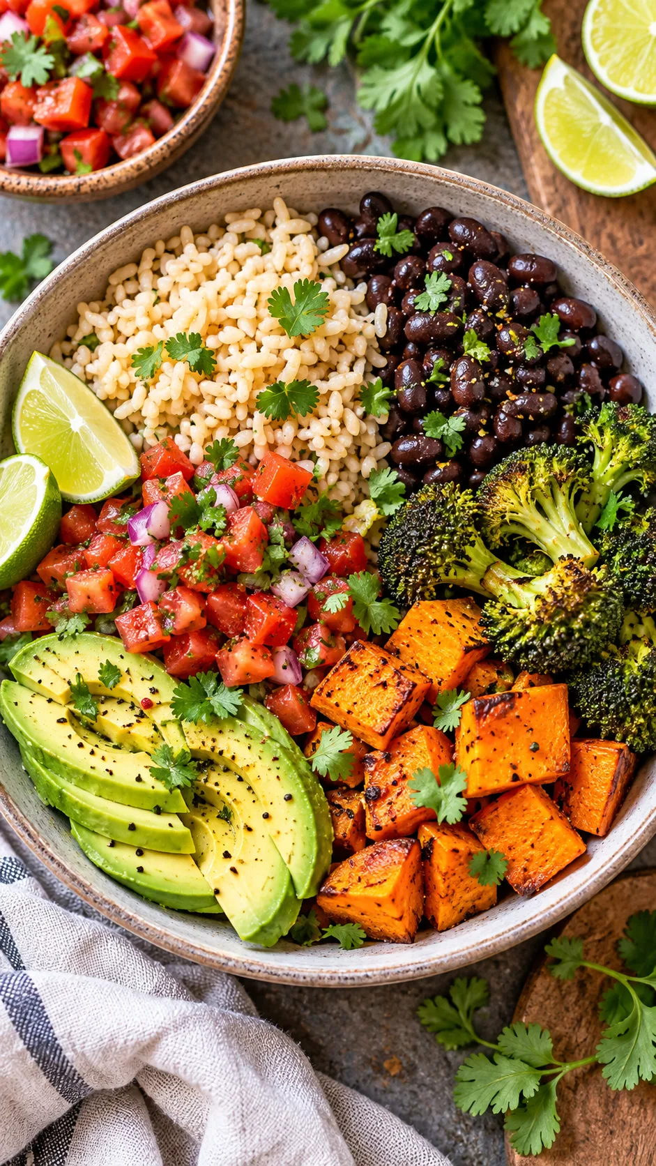 21 Days of Daniel Fast Recipes: The Complete Meal Plan That Makes Fasting Feel Easy 4 Colourful overhead food photography of a Daniel Fast dinner bowl with brown rice, black beans, roasted broccoli, sweet potato, avocado, tomato salsa, lime wedges and fresh coriander, vibrant natural lighting