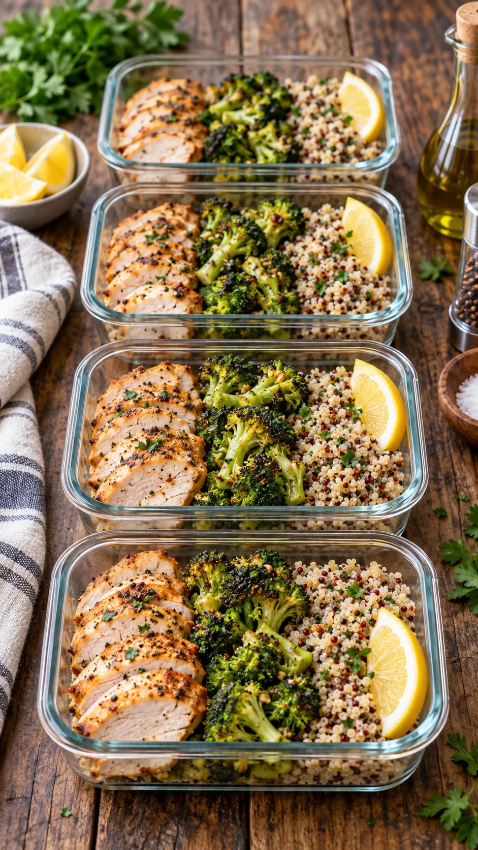 The High-Protein 1300 Calorie Meal Plan That Actually Keeps You Full All Day 5 Neatly arranged glass meal prep containers lined up on a rustic wooden table, containing pre-portioned cooked turkey breast, roasted broccoli, quinoa, and lemon wedges, ready for the upcoming week.