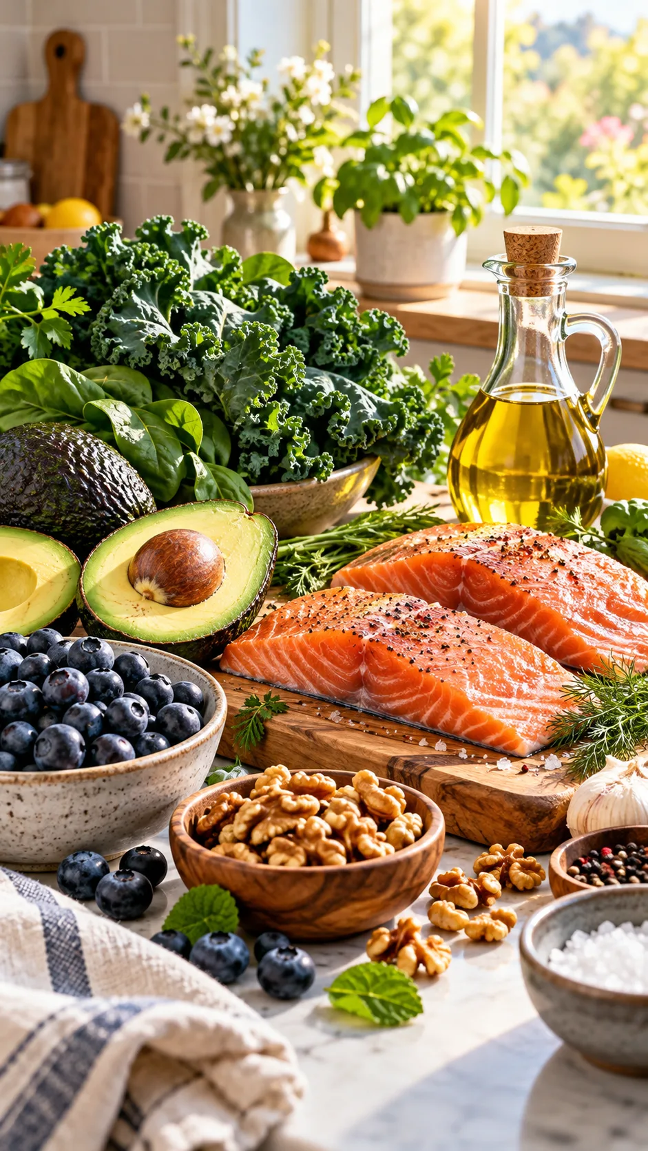 The Galveston Diet Meal Plan That Finally Makes Midlife Weight Loss Click 1 A vibrant, beautifully styled kitchen counter featuring fresh anti-inflammatory ingredients: ripe avocados, wild-caught salmon fillets, dark leafy greens, blueberries, walnuts, and extra virgin olive oil in a glass cruet, warm daylight streaming through a window.