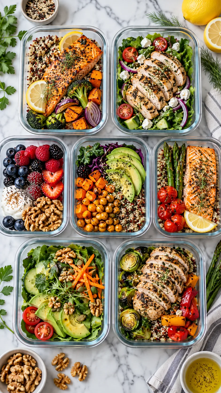 The Galveston Diet Meal Plan That Finally Makes Midlife Weight Loss Click 3 Seven beautifully arranged glass meal prep containers filled with colorful, nutrient-dense anti-inflammatory meals like roasted salmon, grilled chicken, mixed berries, walnuts, and crisp green salads on a marble countertop.