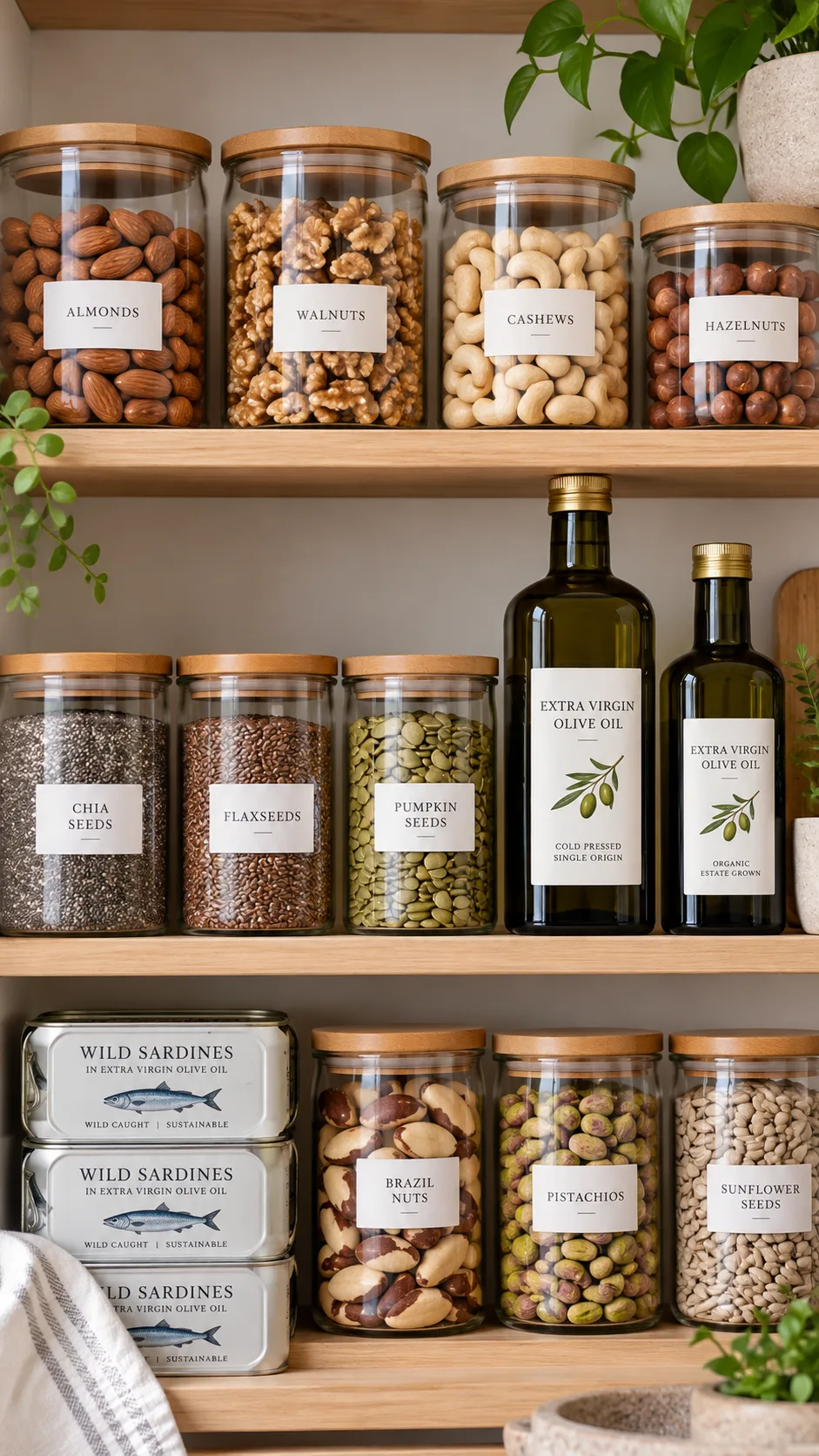The Galveston Diet Meal Plan That Finally Makes Midlife Weight Loss Click 4 A modern, clean pantry shelf stacked with glass jars containing nuts, chia seeds, flaxseeds, high-quality extra virgin olive oils, and canned wild sardines, minimalist aesthetic.