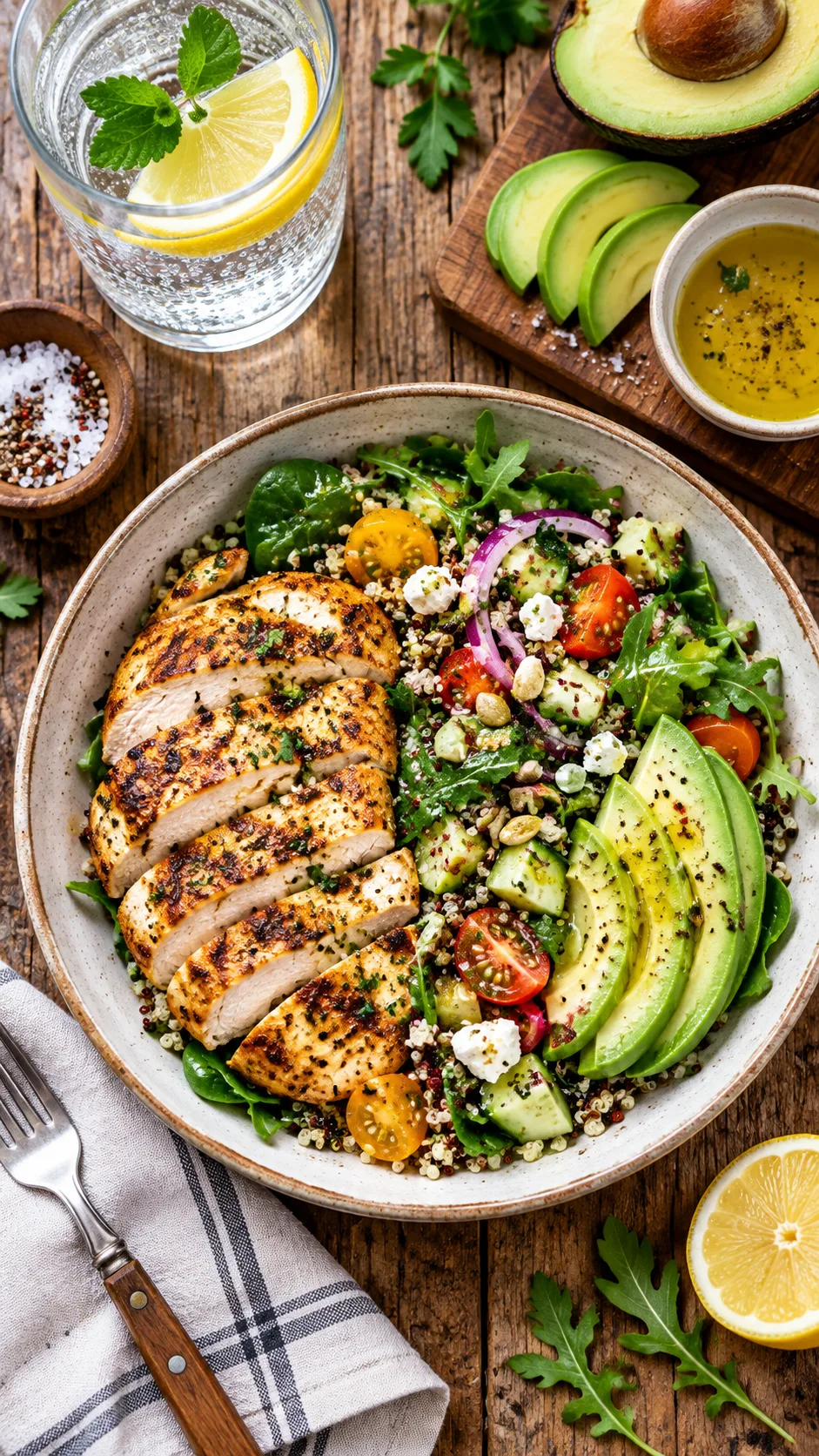 A vibrant, top-down shot of a healthy lunch spread on a rustic wooden table: grilled chicken breast, sliced avocado, a colorful quinoa and leafy green salad with olive oil dressing, and a glass of sparkling water with lemon.