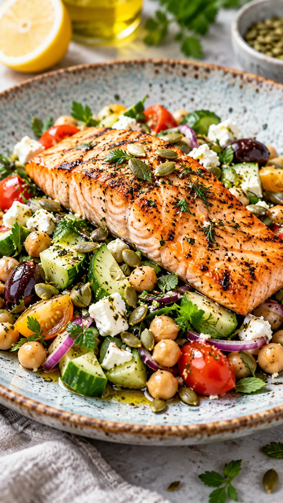 A healthy culinary photograph of grilled salmon over a vibrant Mediterranean salad with chickpeas, cucumbers, and pumpkin seeds on an artisan ceramic plate.