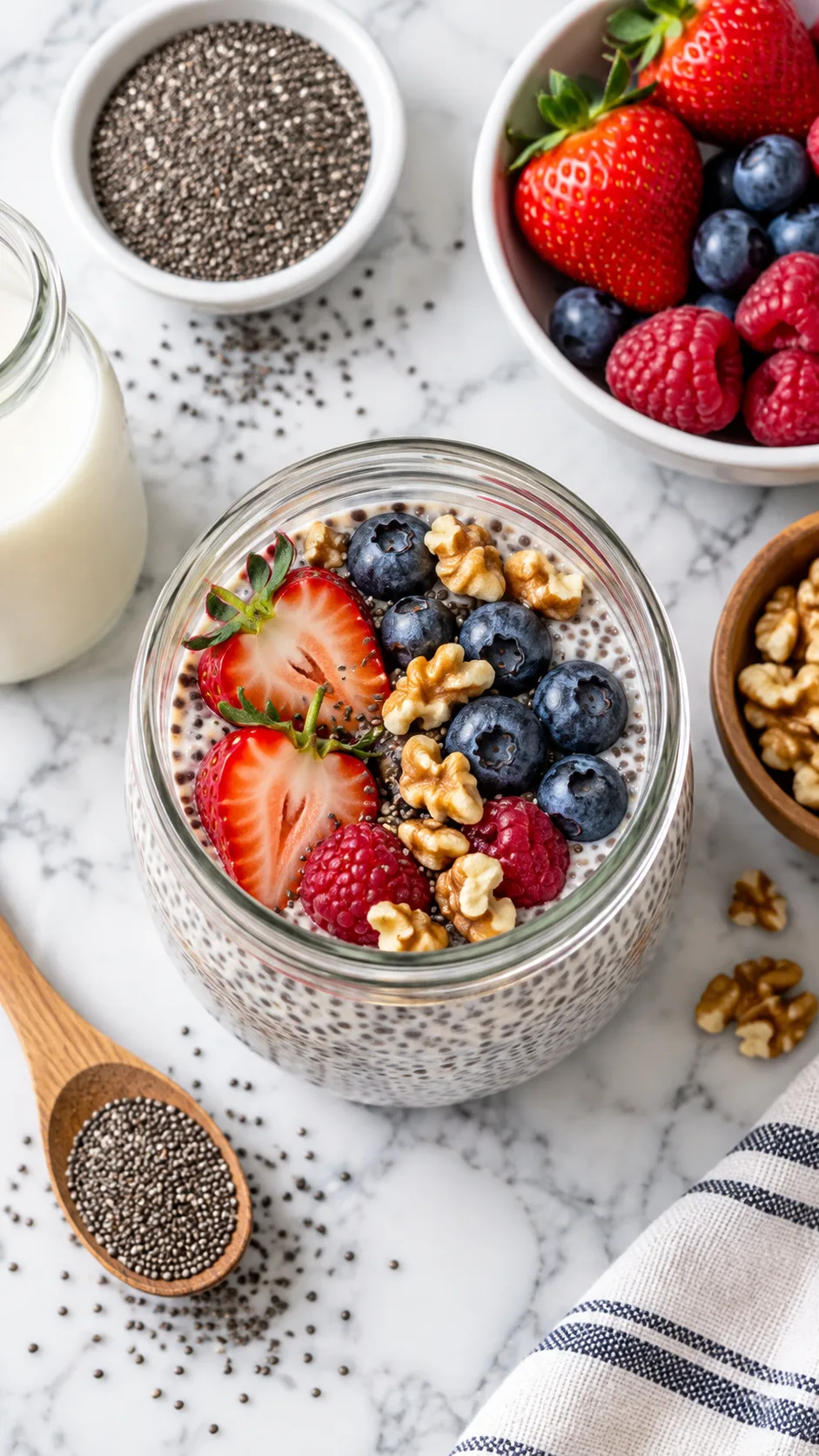 Overhead view of a glass jar filled with chia seed pudding topped with fresh berries and walnuts, resting on a bright marble kitchen counter next to raw ingredients.