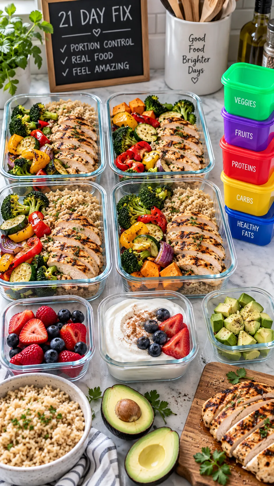 Bright natural-light food photography of a satisfying 21 Day Fix inspired meal prep spread on a kitchen counter, grilled chicken, roasted vegetables, brown rice, berries, Greek yogurt, avocado, colourful portion containers, realistic home kitchen, overhead composition