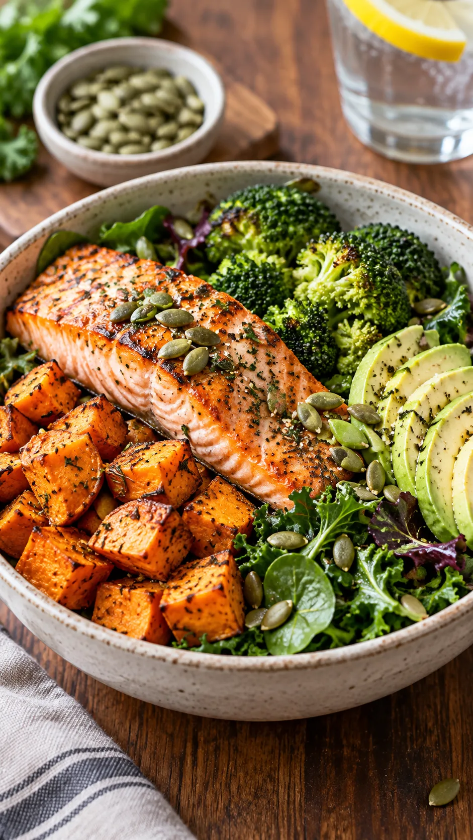 Realistic close-up food photography of a balanced filling meal bowl for a 21 day portion-control plan, grilled salmon, roasted sweet potato cubes, broccoli, leafy greens, avocado slices, pumpkin seeds, ceramic bowl on wooden table