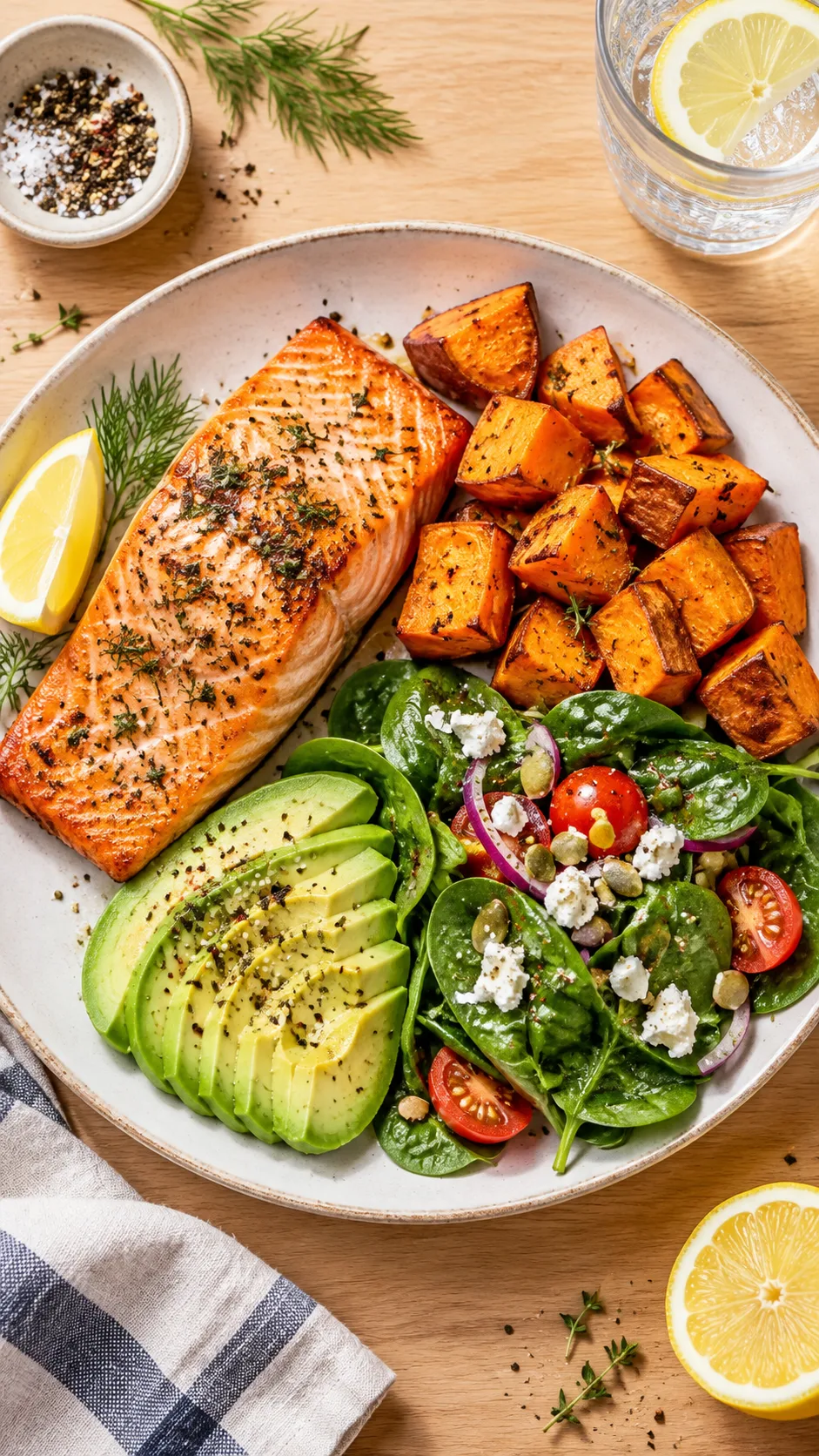 The Thyroid Diet Plan That Finally Fixes Fatigue, Bloating & Brain Fog 1 A vibrant, top-down flat lay photograph of a thyroid-supportive meal with wild-caught salmon, roasted sweet potatoes, sliced avocado, and a fresh spinach salad on a clean ceramic plate on a light wooden kitchen table