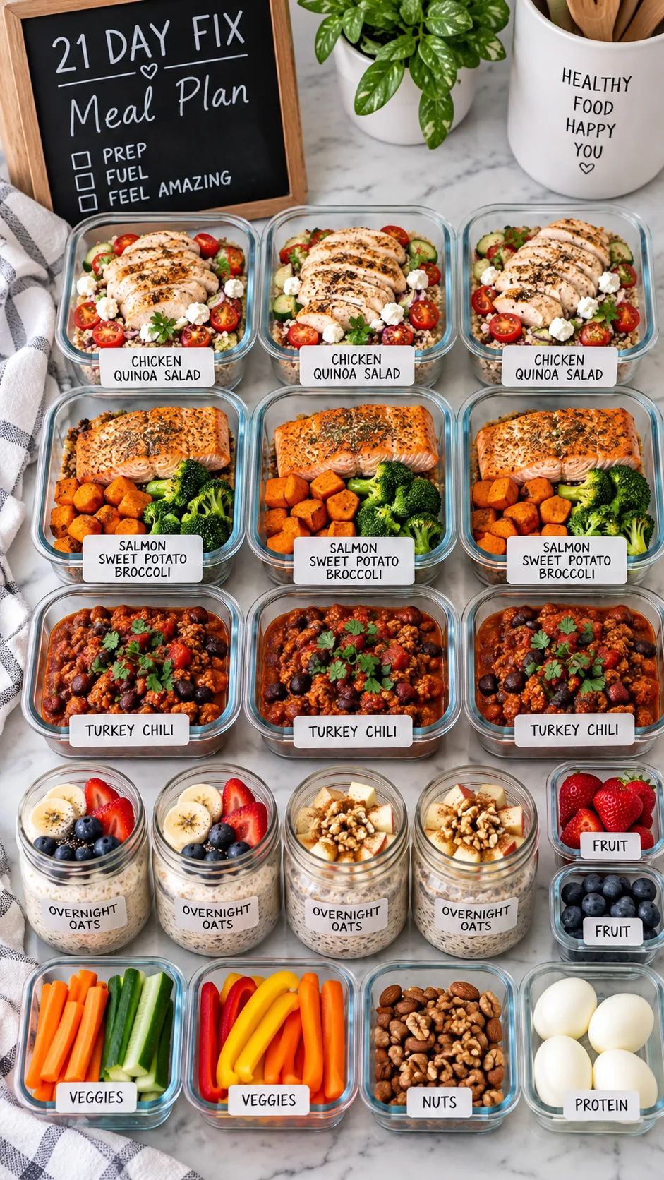 Top-down realistic weekly meal prep photography for an easy 21 Day Fix meal plan, labelled glass containers with chicken quinoa salad, salmon sweet potato broccoli, turkey chili, overnight oats, fruit, vegetables, nuts, clean bright kitchen styling