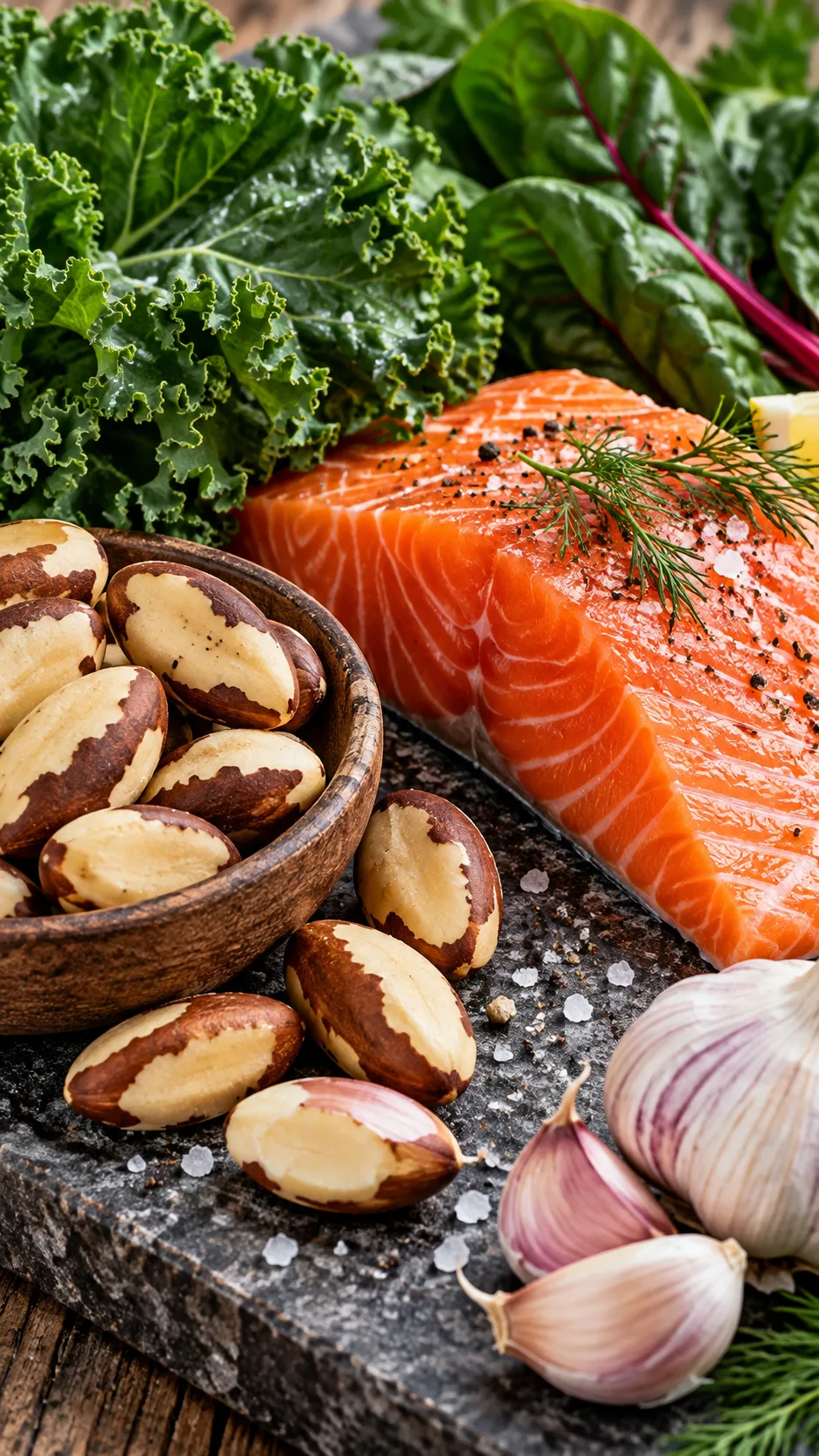 The Thyroid Diet Plan That Finally Fixes Fatigue, Bloating & Brain Fog 2 Close-up photograph of colorful raw ingredients: organic Brazil nuts, vibrant wild salmon fillet, dark leafy greens, and fresh garlic arranged aesthetically on a rustic stone cutting board