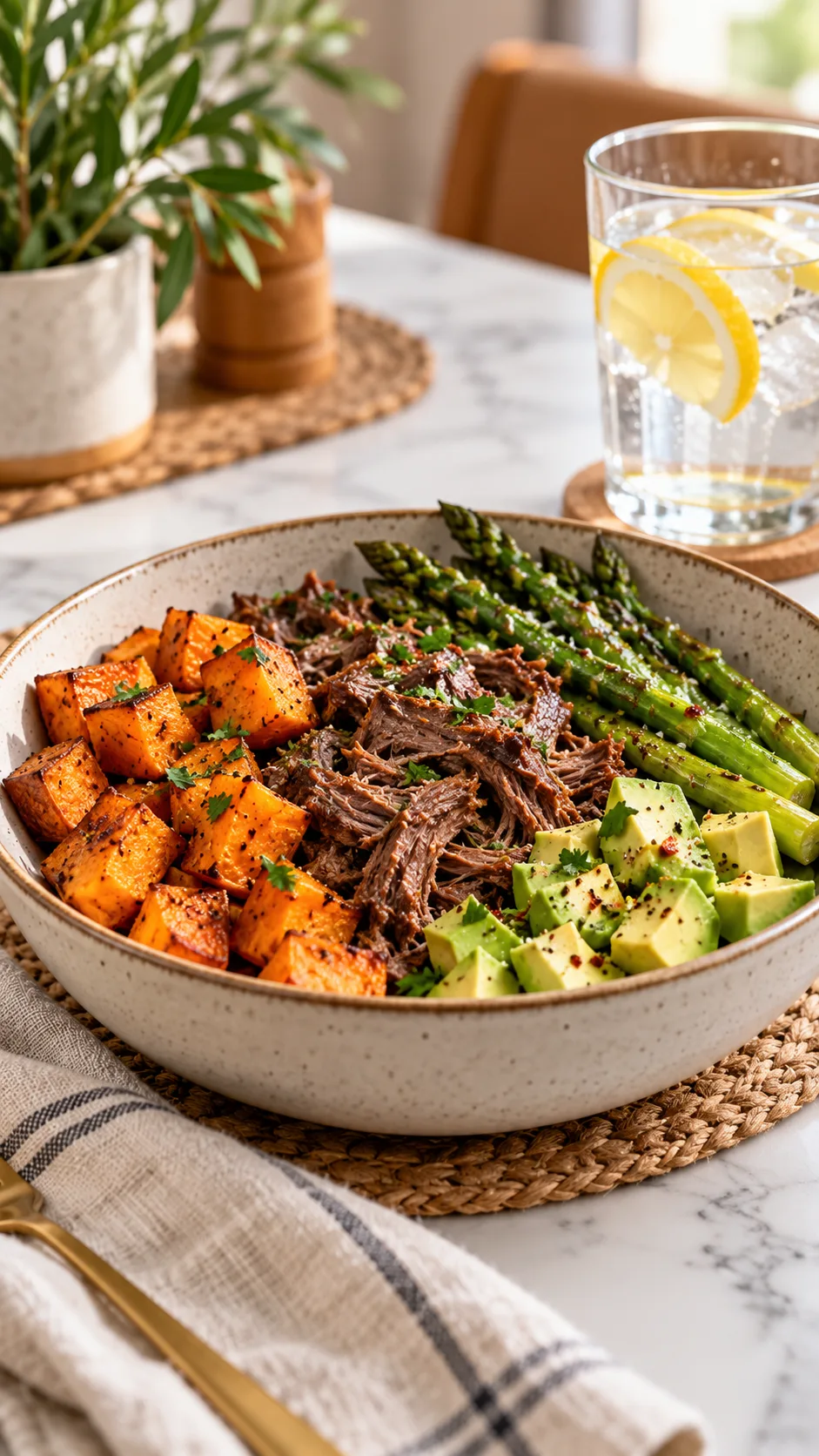 The Thyroid Diet Plan That Finally Fixes Fatigue, Bloating & Brain Fog 3 A delicious, warm bowl of roasted sweet potatoes, shredded grass-fed beef, steamed asparagus spears, and fresh avocado cubes, set on a modern dining table beside a glass of fresh water with lemon