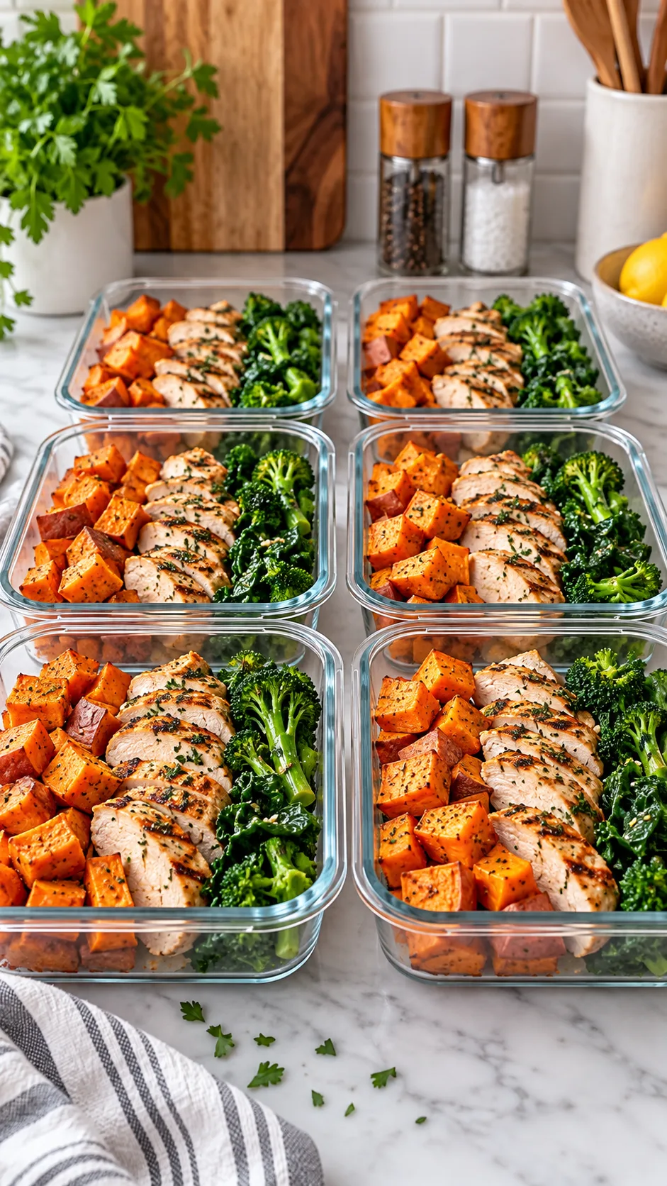 The Thyroid Diet Plan That Finally Fixes Fatigue, Bloating & Brain Fog 4 Meal prep container setup showing glass containers filled with colorful cooked sweet potatoes, grilled chicken breasts, and steamed greens neatly lined up on a kitchen counter