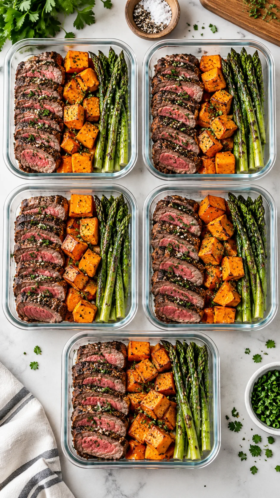 Steak Meal Prep Ideas That Are High-Protein, Healthy, and Actually Delicious 1 Overhead shot of five glass meal prep containers filled with sliced medium-rare sirloin steak, roasted sweet potatoes, and charred green asparagus, garnished with fresh herbs on a clean kitchen counter