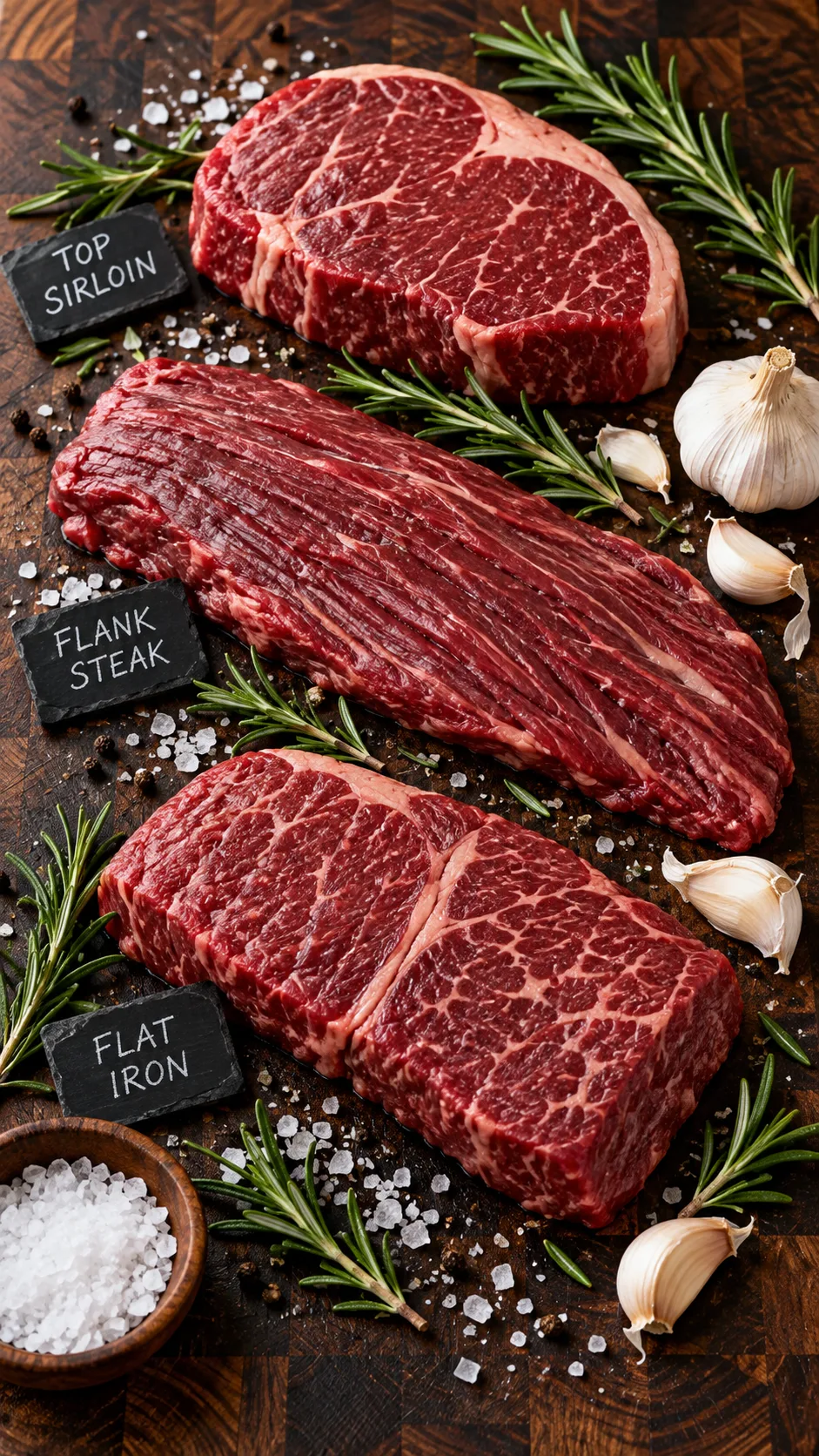 Steak Meal Prep Ideas That Are High-Protein, Healthy, and Actually Delicious 2 Raw cuts of top sirloin, flank steak, and flat iron arranged neatly on a dark butcher block with fresh rosemary, coarse sea salt, and garlic cloves