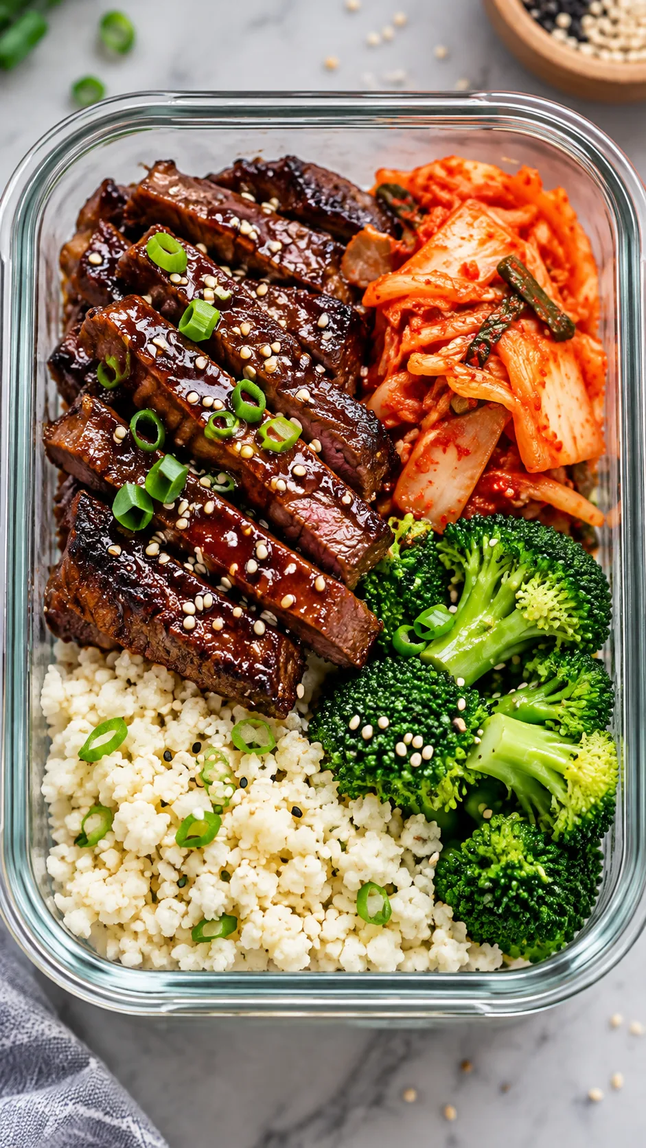 Steak Meal Prep Ideas That Are High-Protein, Healthy, and Actually Delicious 3 Meal prep bowl featuring Korean glazed steak strips, cauliflower rice, bright red kimchi, steamed broccoli, and sesame seeds in a clear glass container