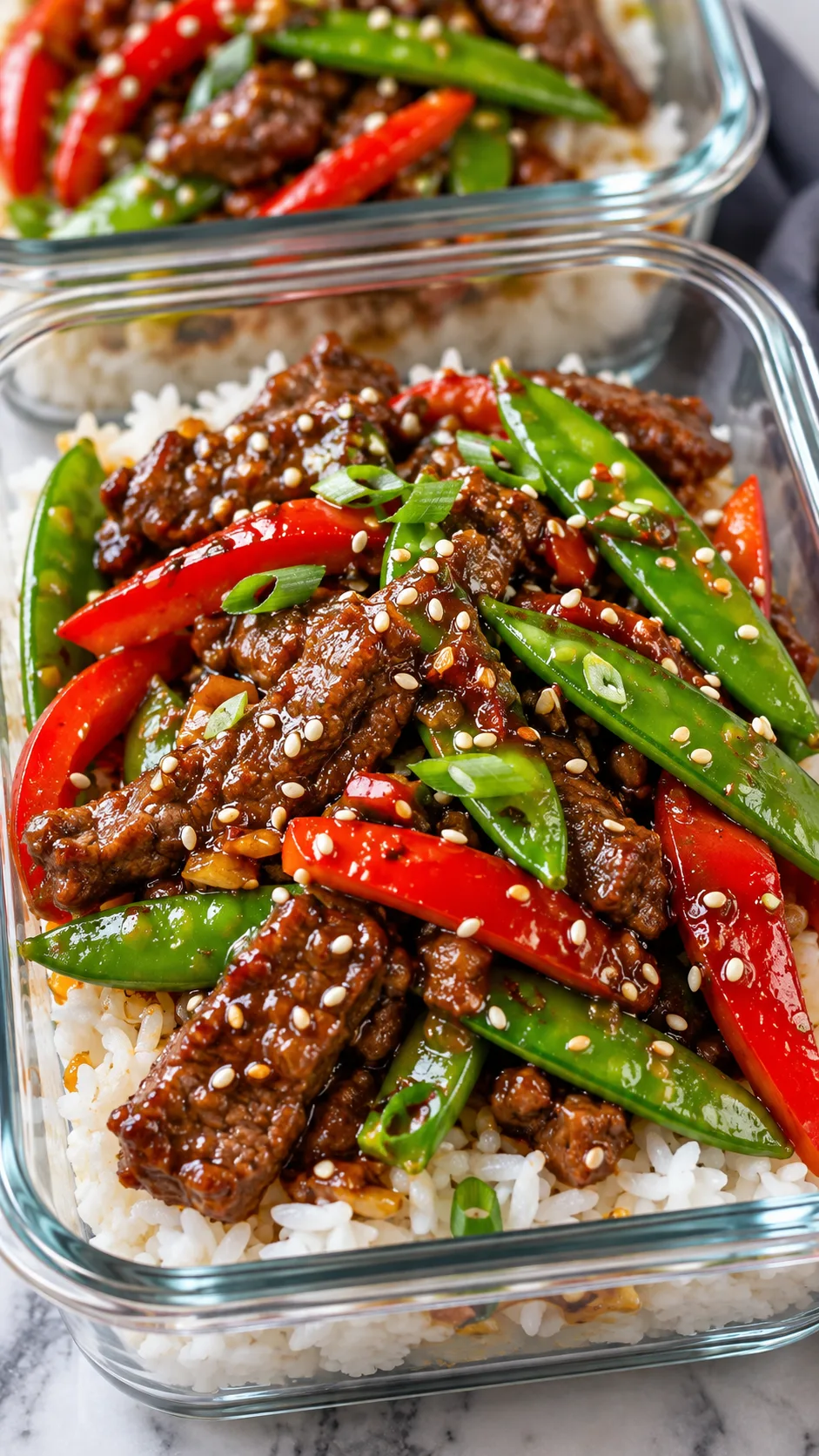 Steak Meal Prep Ideas That Are High-Protein, Healthy, and Actually Delicious 4 Close up shot of a colorful beef stir fry with glossy sauce, red peppers, green snap peas, and sesame seeds over white jasmine rice in glass meal prep containers