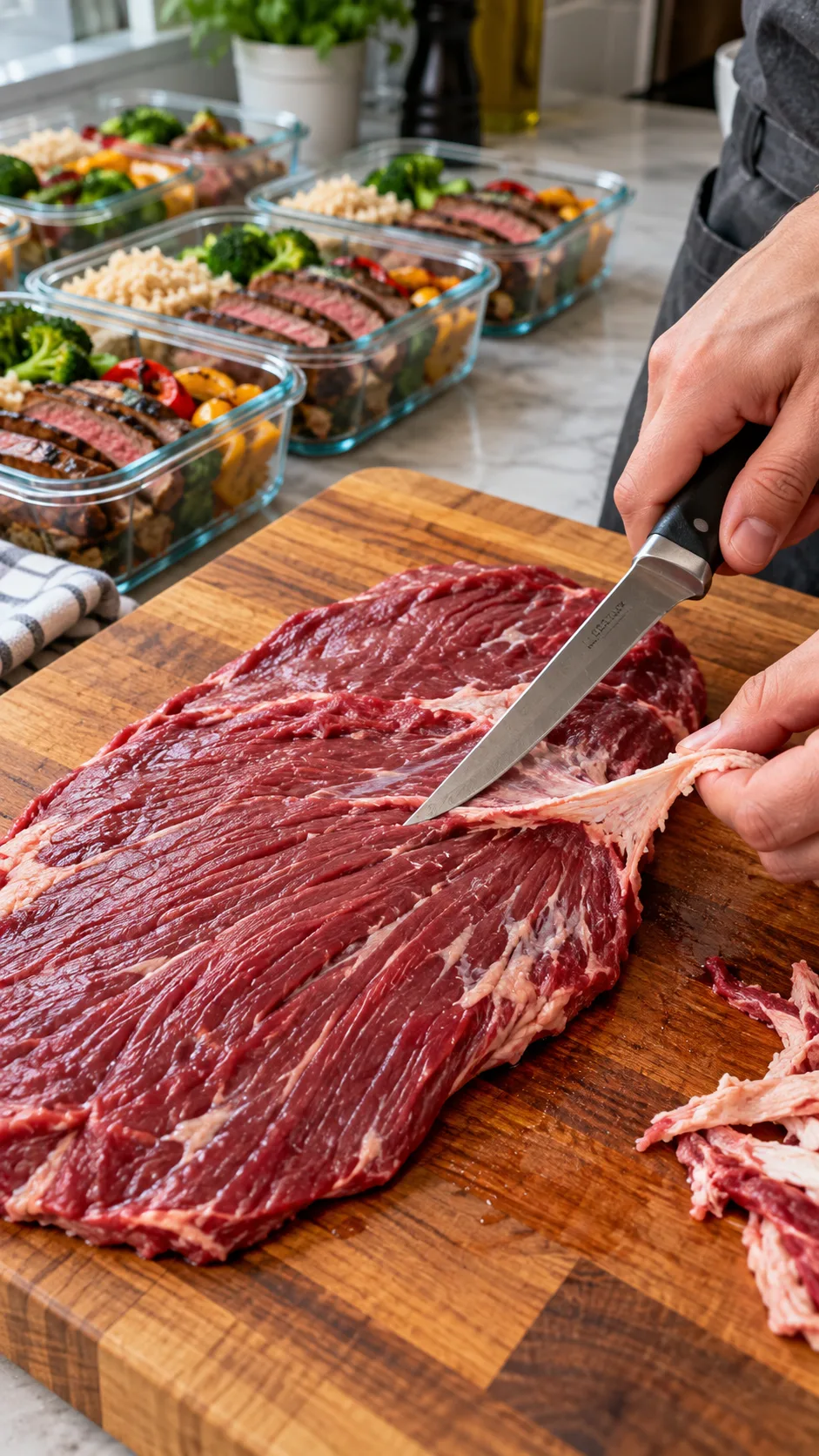 Steak Meal Prep Ideas That Are High-Protein, Healthy, and Actually Delicious 5 Raw whole flank steak being trimmed with a sharp boning knife on a wooden cutting board with meal prep containers lined up in the background