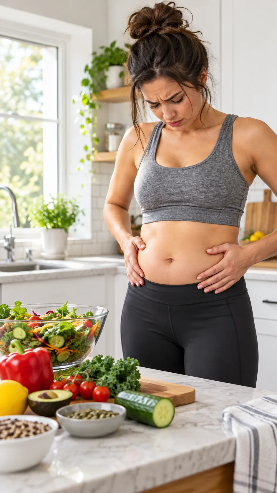 The Flat Belly Diet Mistakes Keeping You Bloated (And What to Do Instead) 1 A frustrated woman standing in a bright modern kitchen looking down at her bloated abdomen while wearing athletic leggings, healthy raw salad ingredients on the counter beside her, natural morning lighting.