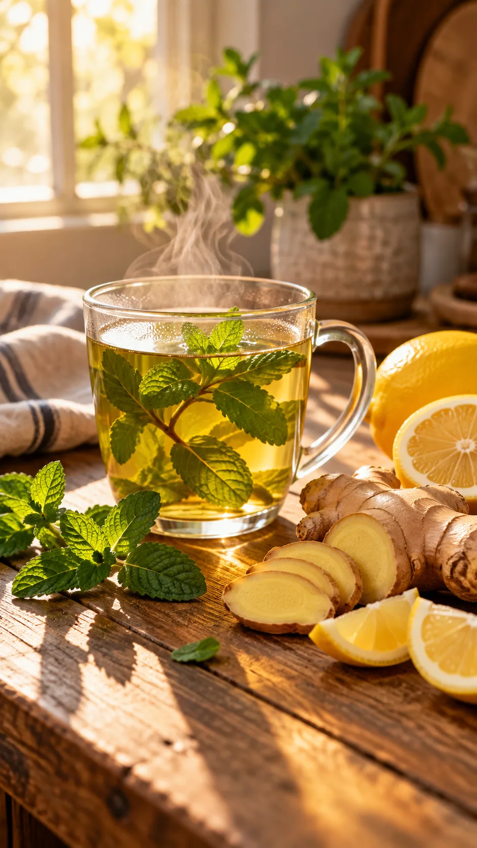 The Flat Belly Diet Mistakes Keeping You Bloated (And What to Do Instead) 2 A glass of warm peppermint tea sitting on a wooden table beside sliced fresh ginger root and lemons, soft morning sunlight casting long shadows.