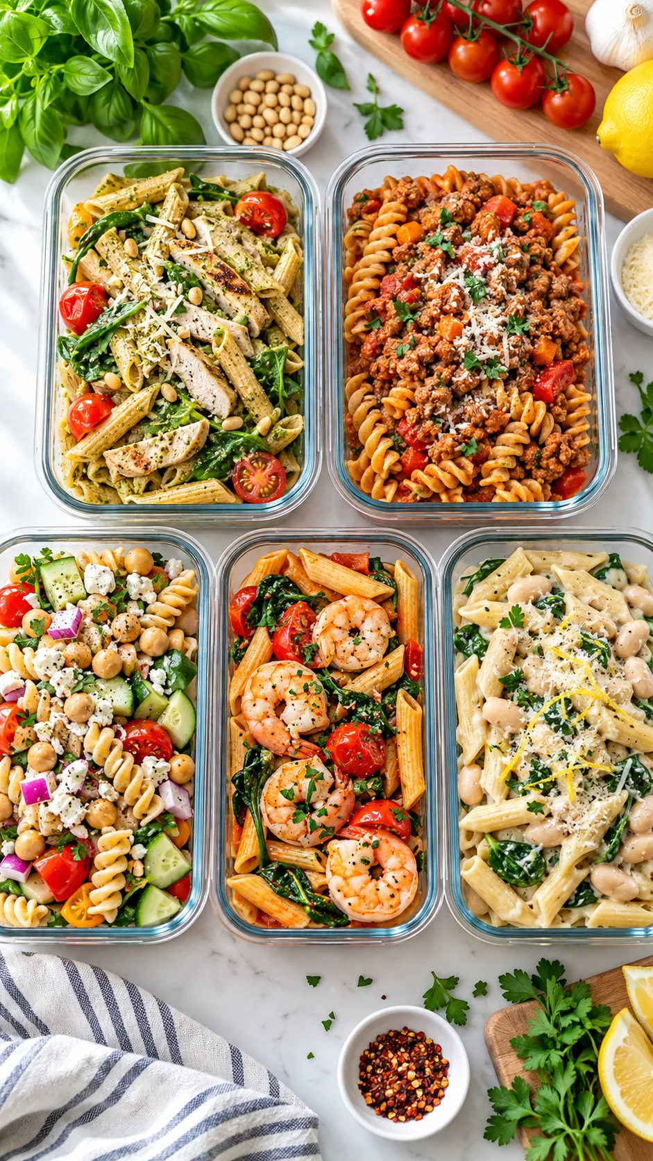 Healthy Pasta Meal Prep Ideas That Actually Keep You Full All Week 1 Bright overhead food photography of five glass meal prep containers filled with healthy pasta lunches: chicken pesto whole wheat penne, turkey bolognese rotini, chickpea pasta salad, shrimp tomato spinach pasta, and creamy white bean pasta, colorful vegetables visible, clean home kitchen background, natural daylight