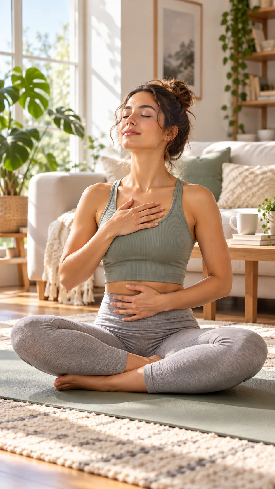 The Flat Belly Diet Mistakes Keeping You Bloated (And What to Do Instead) 4 A serene woman practicing deep diaphragmatic breathing on a yoga mat in a sunlit living room, holding one hand gently on her flat stomach.