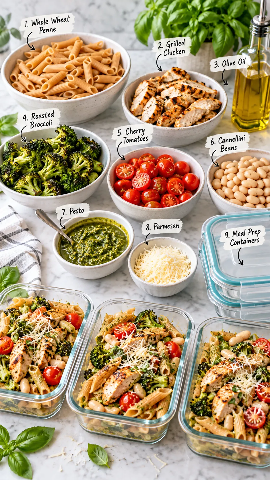 Healthy Pasta Meal Prep Ideas That Actually Keep You Full All Week 3 Step-by-step healthy pasta meal prep ingredient layout on a kitchen counter: bowls of whole wheat penne, grilled chicken, roasted broccoli, cherry tomatoes, cannellini beans, pesto, olive oil, parmesan, meal prep containers, bright editorial food photography