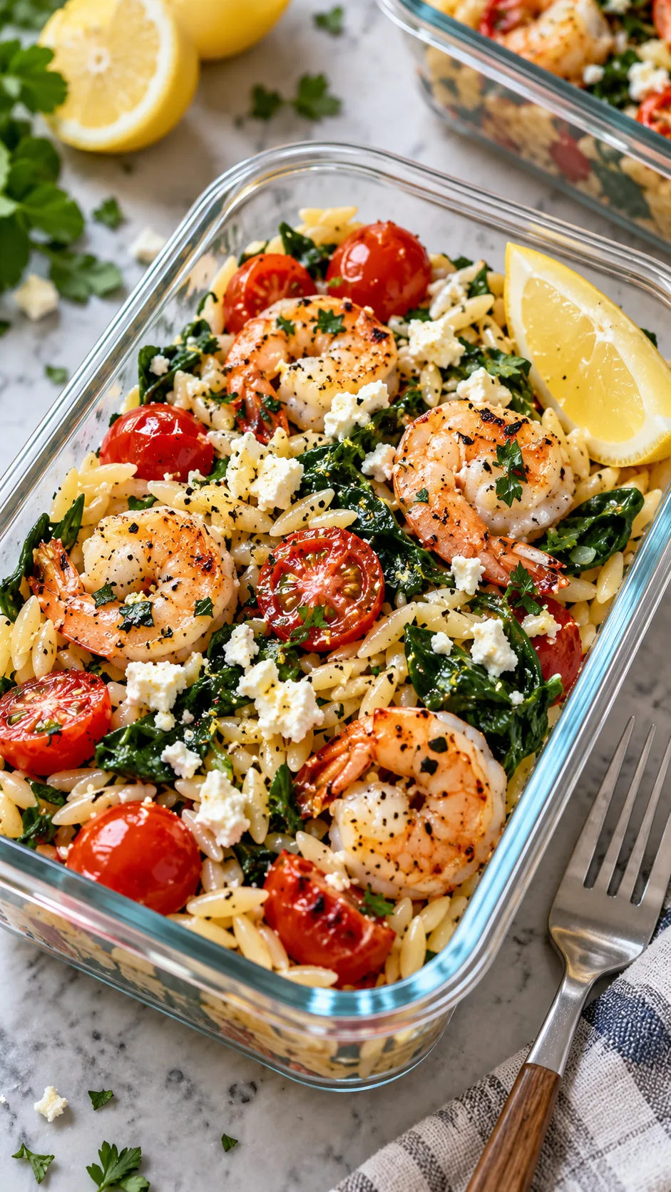 Healthy Pasta Meal Prep Ideas That Actually Keep You Full All Week 4 Close-up healthy shrimp tomato spinach orzo meal prep in glass container, juicy shrimp, cherry tomatoes, wilted spinach, crumbled feta, lemon wedge, fork beside container, soft natural light, realistic food photography
