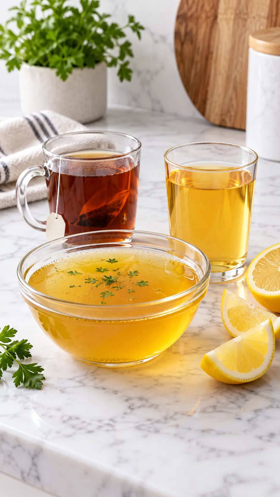 A clean, minimalist kitchen counter with an array of clear liquid diet staples: a glass bowl of golden broth, a mug of black tea, a glass of clear apple juice, and lemon wedges on a bright marble surface