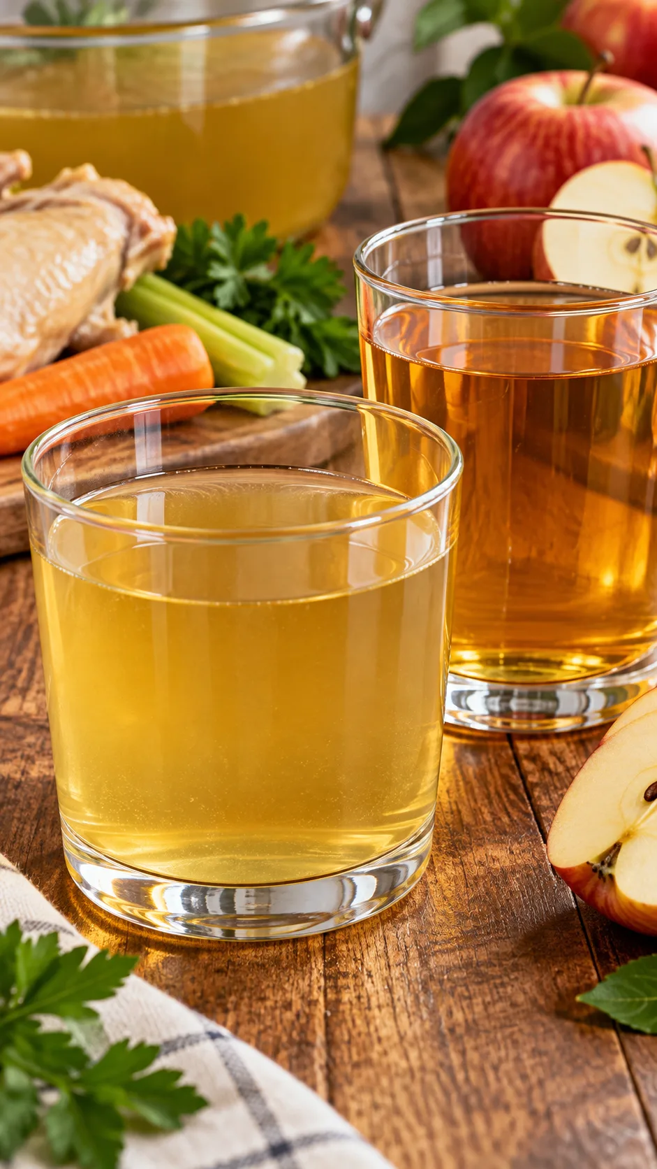 Close-up photograph showing a clear glass of strained golden chicken broth next to a glass of apple juice on a wooden table, demonstrating high transparency
