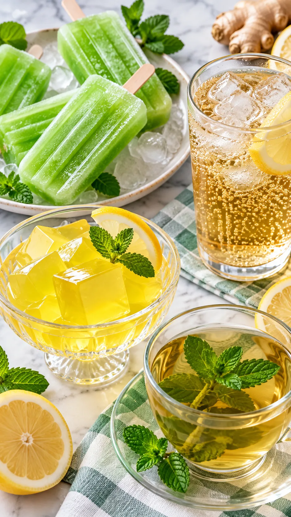 A cheerful kitchen flat-lay featuring permissible clear diet items: green popsicles, lemon gelatin cubes in a glass cup, ginger ale with bubbles, and a cup of mint tea