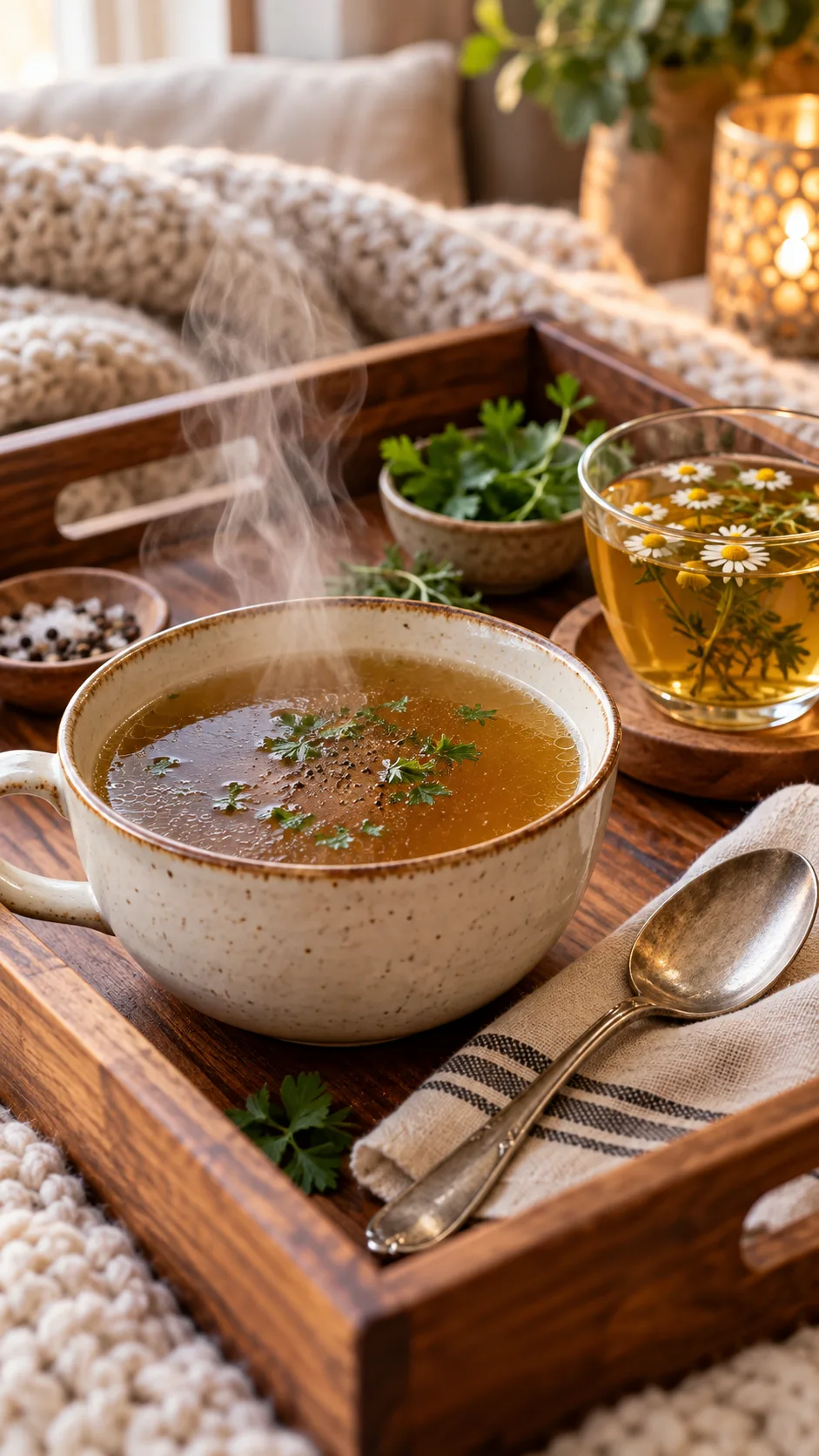 Warm mug of clear beef broth emitting steam on a cozy wooden tray next to a spoon and a cup of herbal tea