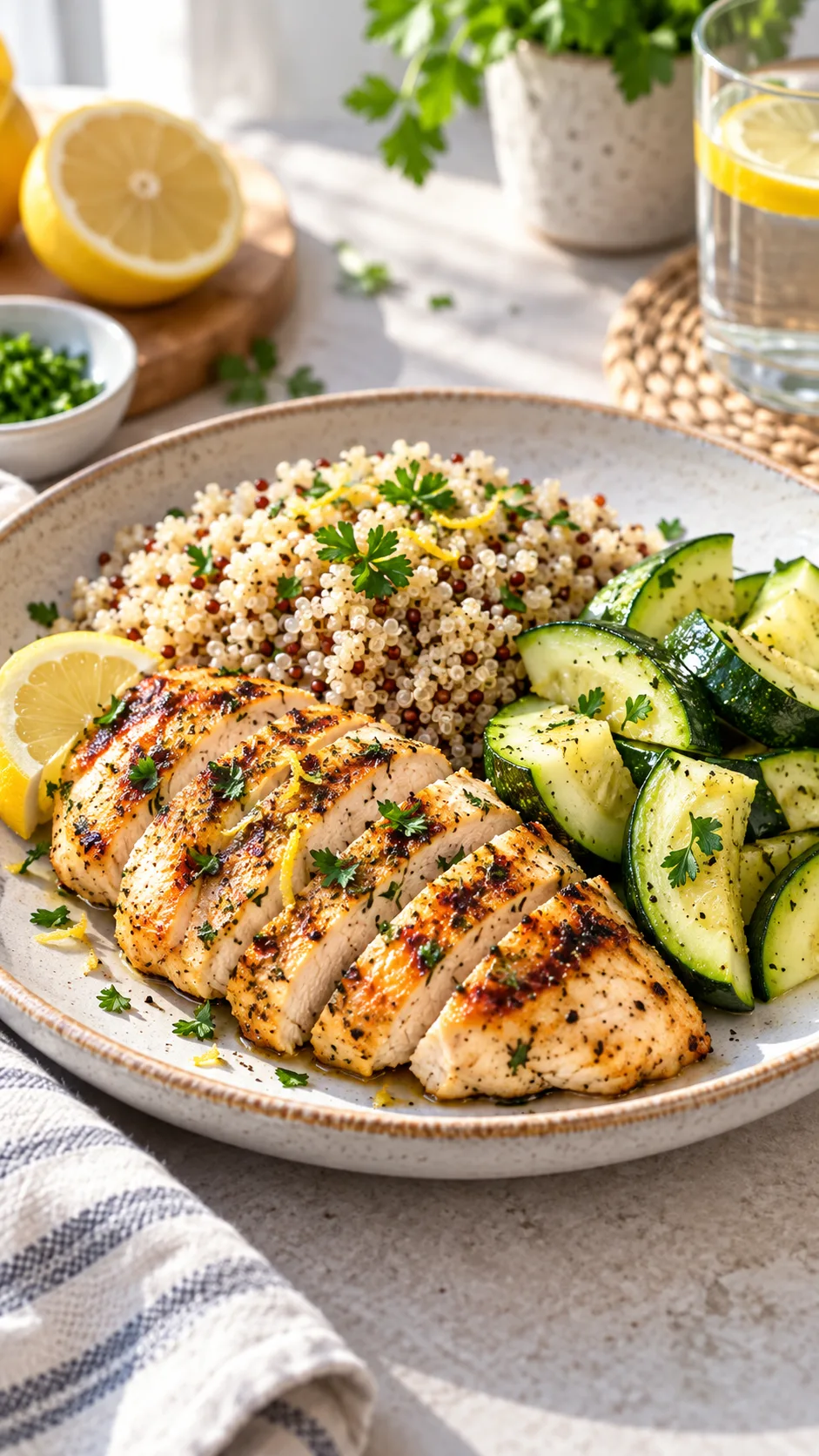 A delicious, colorful post-surgery recovery meal featuring grilled lemon herb chicken breast, fluffy quinoa, and steamed zucchini on a modern ceramic plate, soft natural morning light