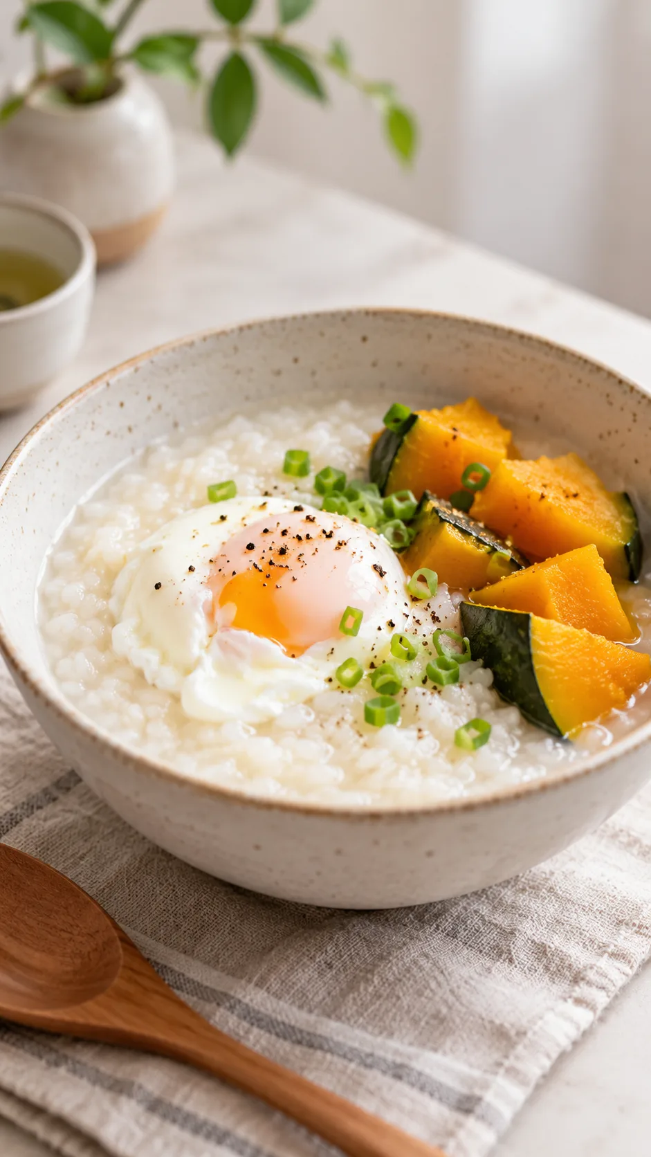A bowl of gentle post-fast food: light white rice porridge with a poached egg and steamed soft squash in a minimalist ceramic bowl