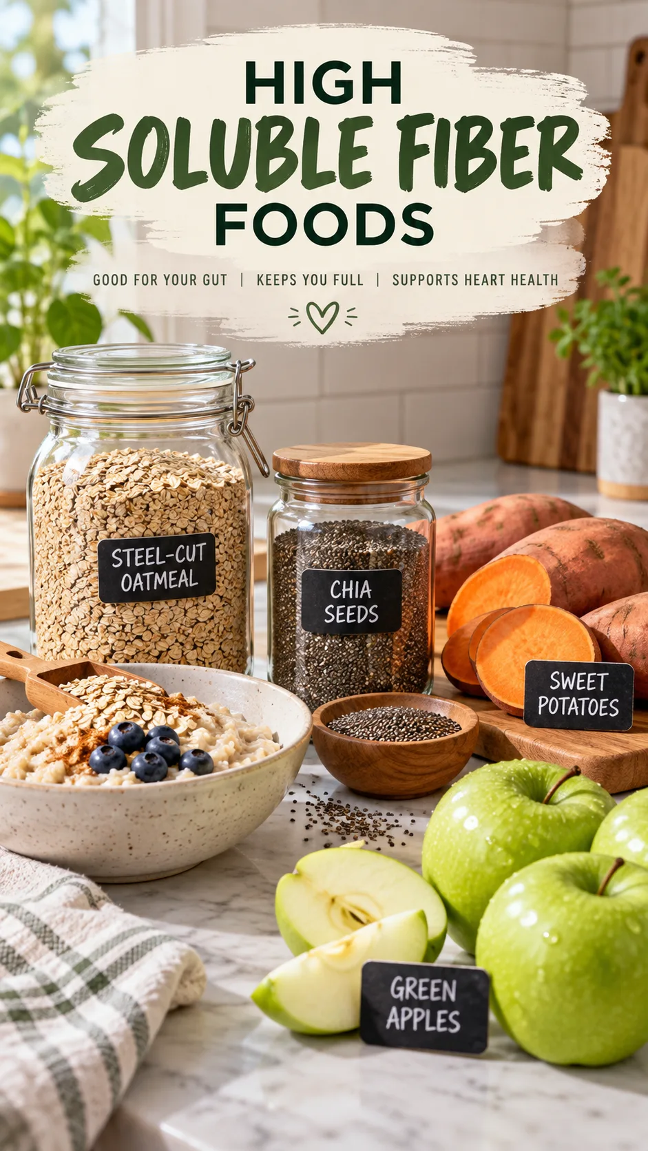A kitchen counter showing high-soluble-fiber foods: steel-cut oatmeal, chia seeds, sweet potatoes, and green apples arranged neatly with clear jars