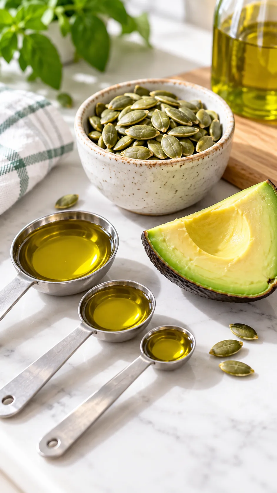Small measuring spoons holding extra virgin olive oil, a quarter of a ripe avocado, and a small cup of pumpkin seeds on a bright kitchen table
