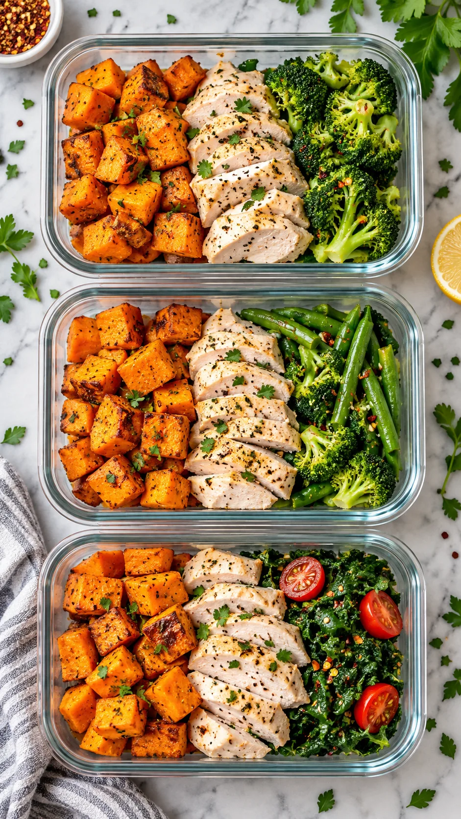 An overhead appetizing shot of three glass meal prep containers containing colorful healthy low-fat meals: roasted sweet potato bowls, poached chicken, and green vegetables