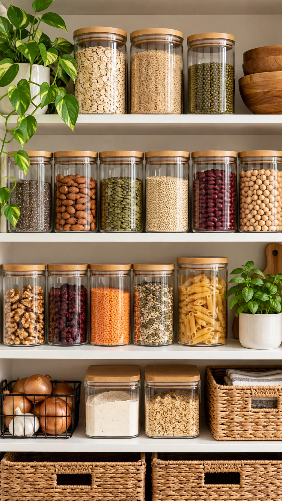 A clean, minimalist kitchen pantry with neatly organized clear storage jars of oats, brown rice, beans, and healthy dry goods