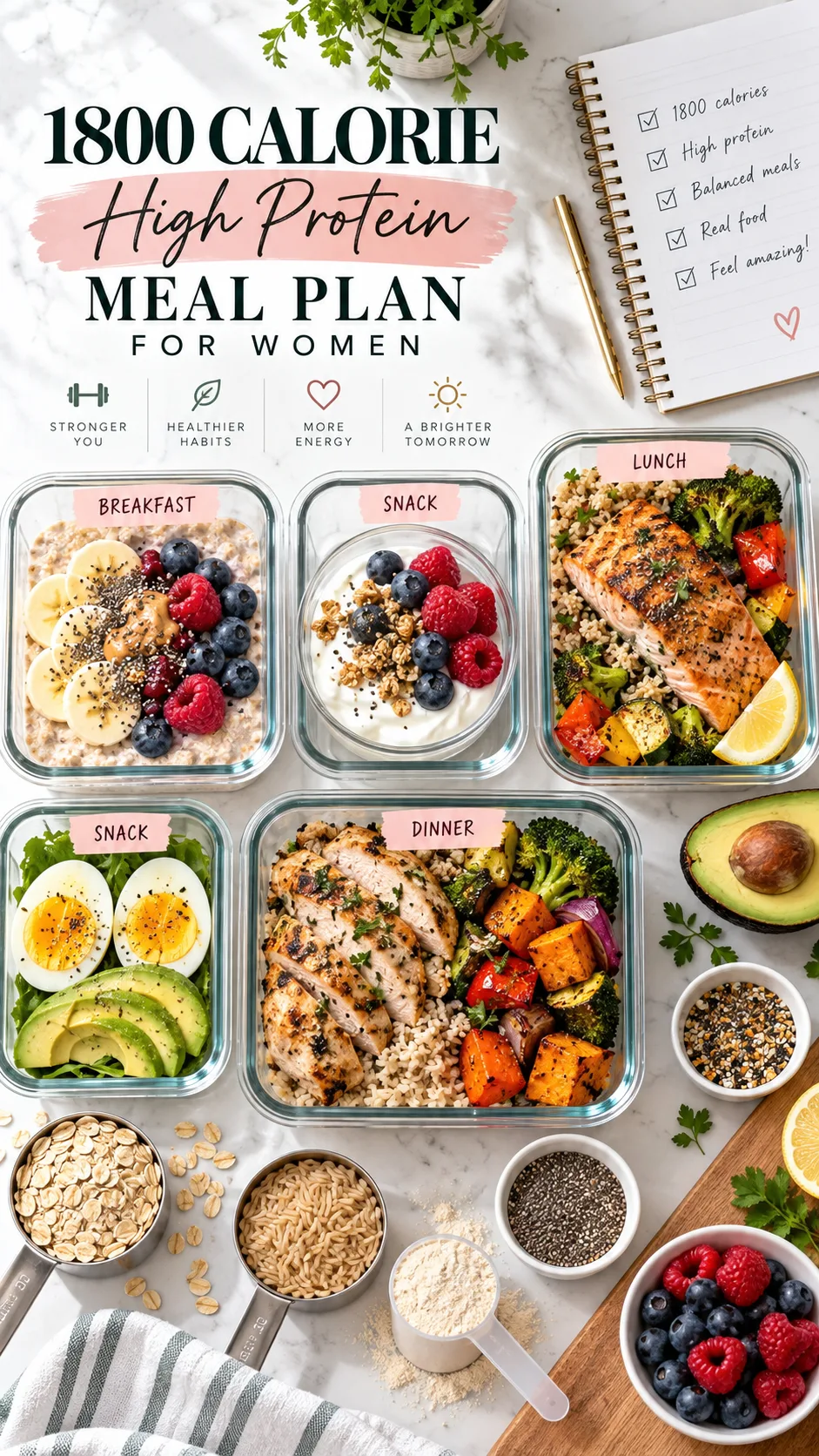 The High-Protein 1800 Calorie Meal Plan Most Women Get Completely Wrong 2 Bright realistic overhead food photography of a balanced 1800 calorie high protein meal plan for women, arranged in meal prep containers with grilled salmon, chicken, Greek yogurt berries, eggs, rice, roasted vegetables, avocado, oats and measuring cups, clean kitchen counter, natural daylight, editorial health magazine style