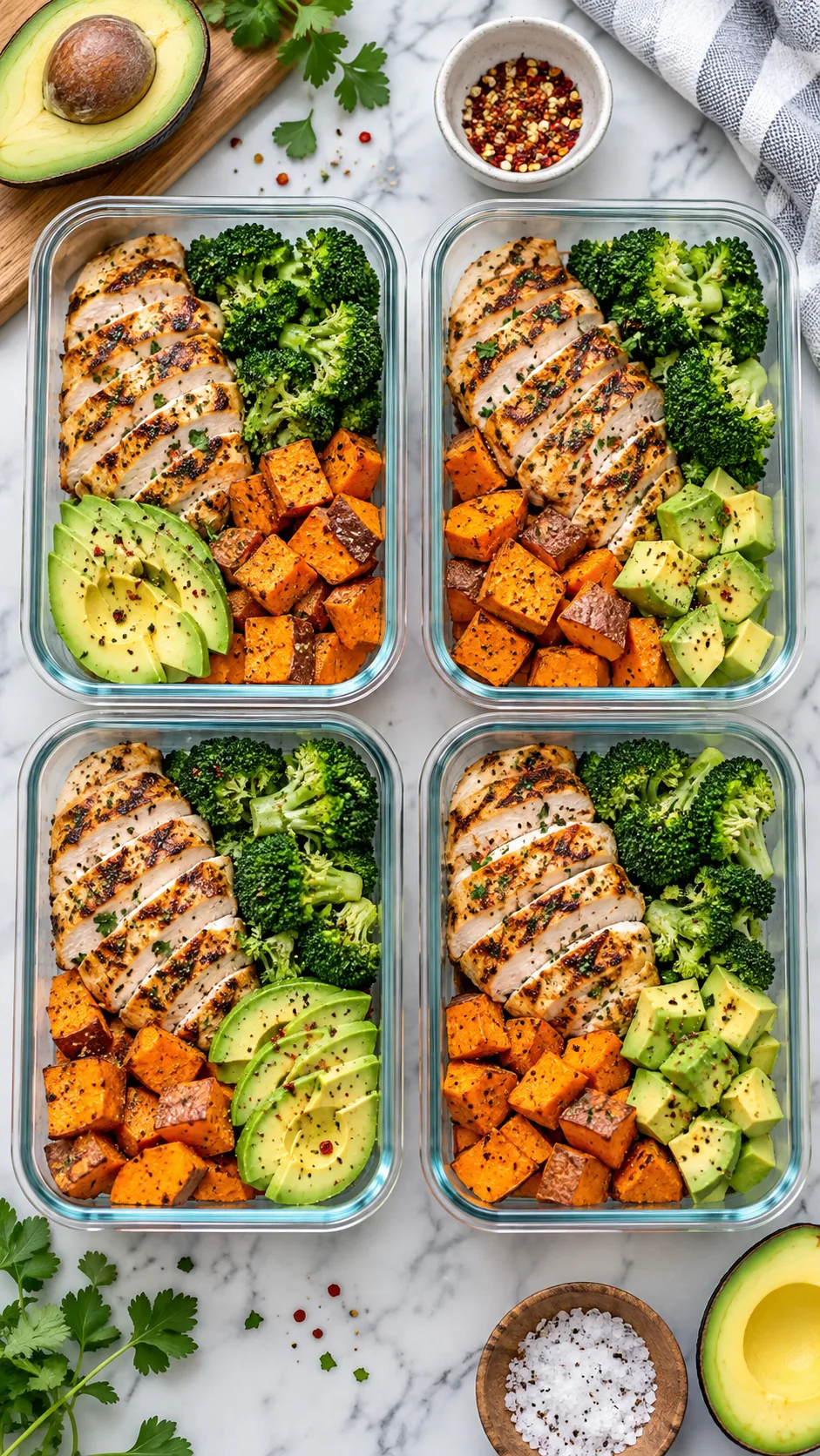 Overhead aesthetic flat-lay photo of colorful meal prep containers with grilled chicken breast, roasted sweet potatoes, steamed broccoli, and fresh avocado on a clean marble kitchen counter
