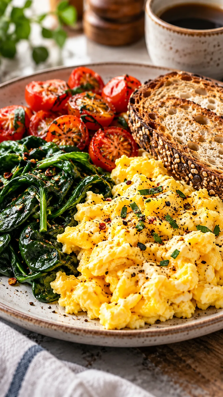 Close-up appetizing shot of a gourmet breakfast plate with fluffy scrambled eggs, sauteed spinach, halved cherry tomatoes, and sliced seeded sourdough toast