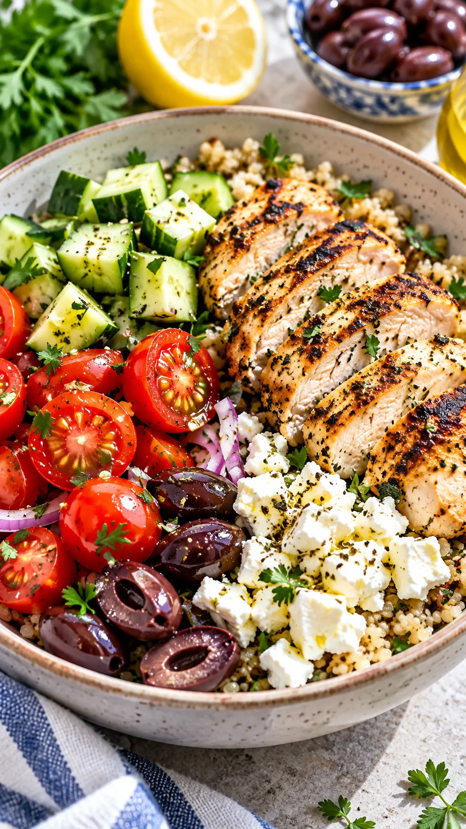 Vibrant Mediterranean chicken grain bowl with colorful diced cucumbers, cherry tomatoes, kalamata olives, crumbled feta cheese, and grilled sliced chicken breast