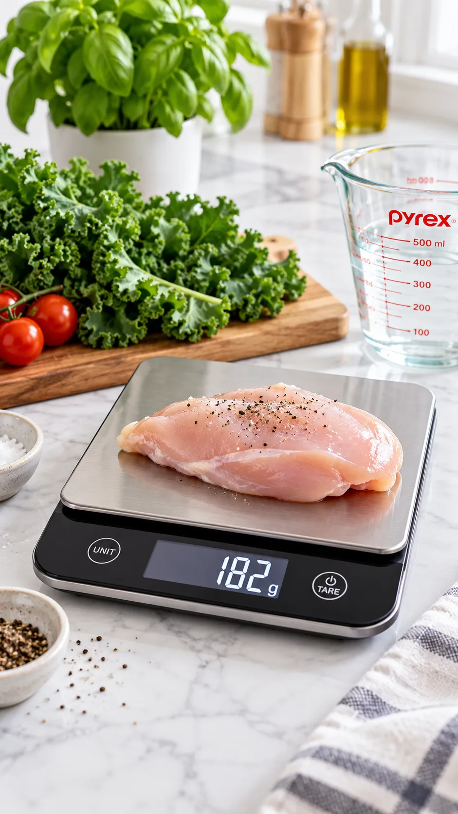 Clean, bright kitchen table setting showing a digital food scale weighing a chicken breast next to fresh greens and a glass measuring cup