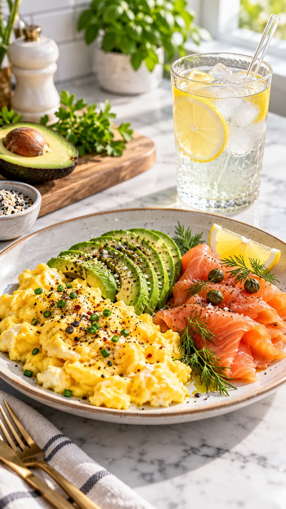 A vibrant, healthy kitchen counter with a high-protein breakfast plate featuring scrambled eggs, sliced avocado, smoked salmon, and a glass of electrolyte water, bright natural lighting, editorial food photography style