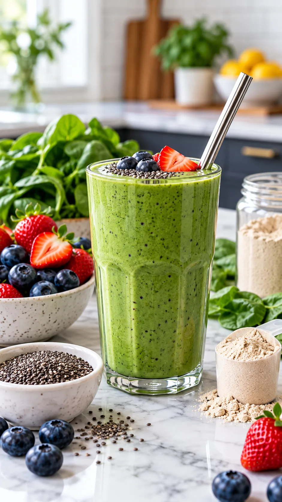 A fresh, nutrient-packed green smoothie in a glass with a metal straw, surrounded by fresh berries, chia seeds, and protein powder scoop on a marble kitchen island