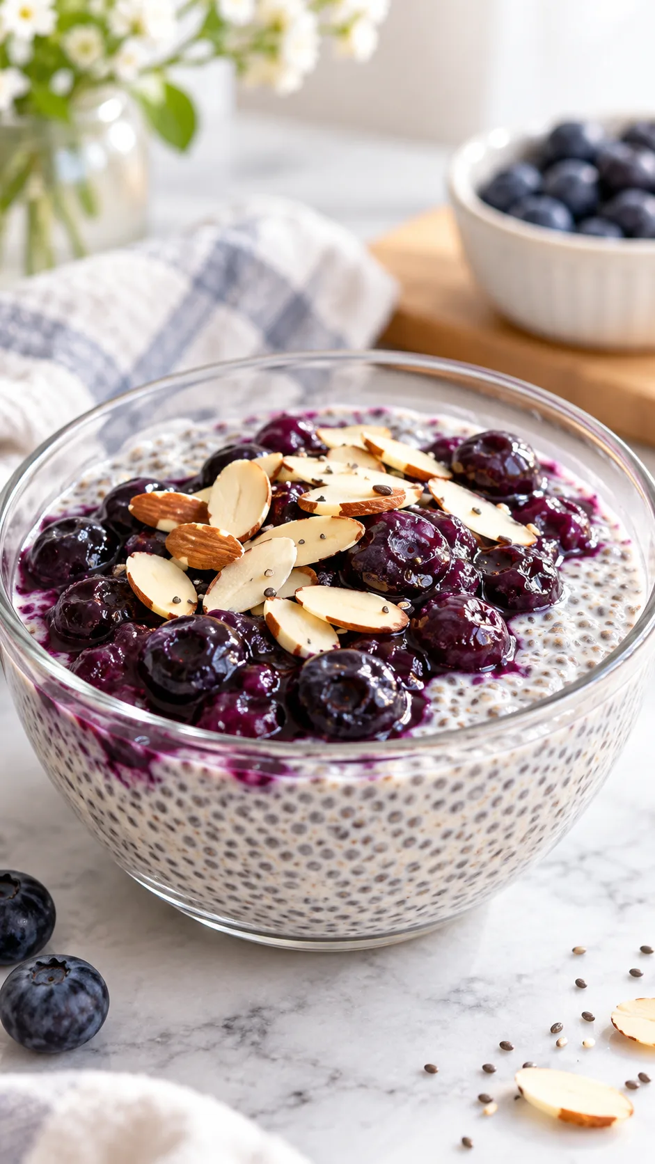 A clean glass bowl filled with overnight chia seed pudding topped with stewed blueberries and sliced almonds, high resolution, soft morning light