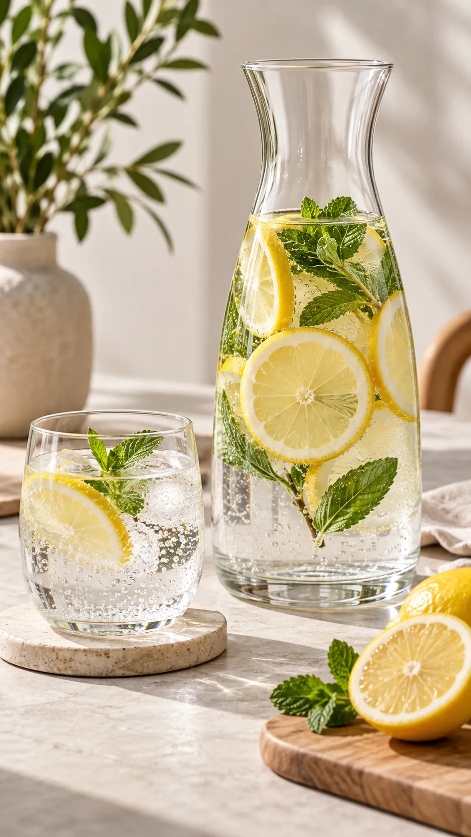 A large aesthetic glass water carafe with fresh lemon slices and mint leaves, sitting next to a glass of sparkling water on a minimalist table