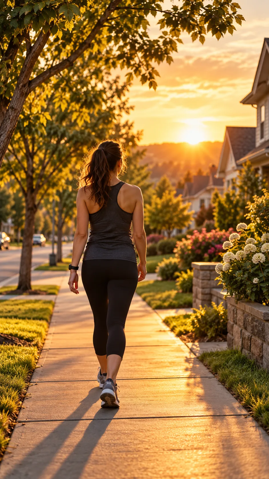 A person walking down a peaceful suburban sidewalk during golden hour sunset, showing an active and healthy lifestyle, warm lighting