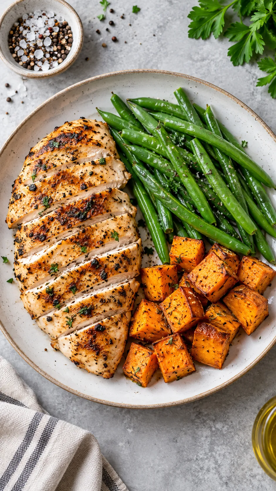 Top-down flat lay photograph of a perfectly portioned meal plate: half grilled chicken breast, one-third steamed green beans, and a small portion of roasted sweet potato cubes on a modern ceramic plate