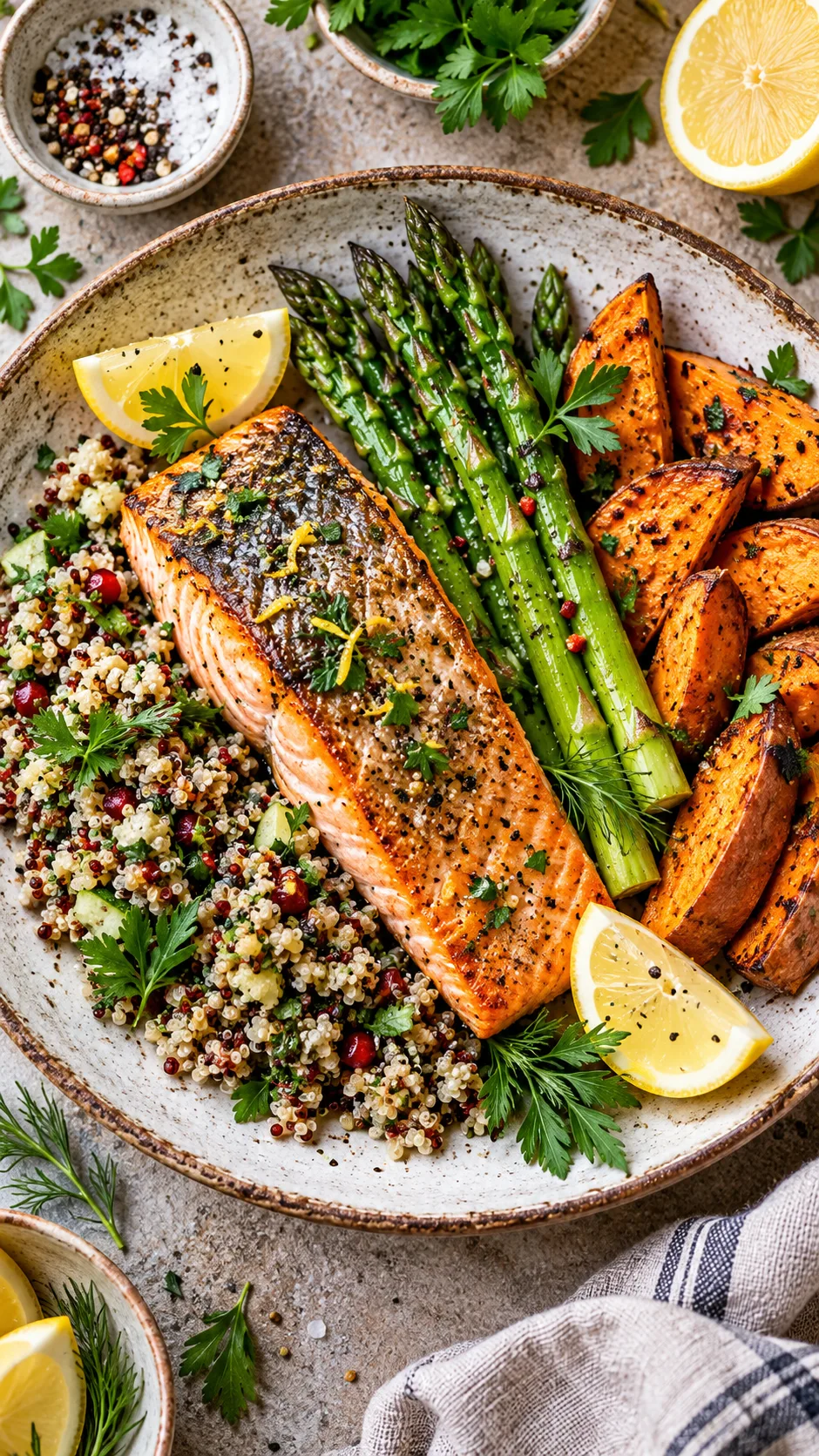 A vibrant, overhead culinary flat lay of a balanced pescatarian meal: pan-seared salmon fillet with crispy golden skin, surrounded by a colourful medley of quinoa, steamed asparagus, roasted sweet potato wedges, lemon wedges, and fresh herbs on a rustic ceramic plate.