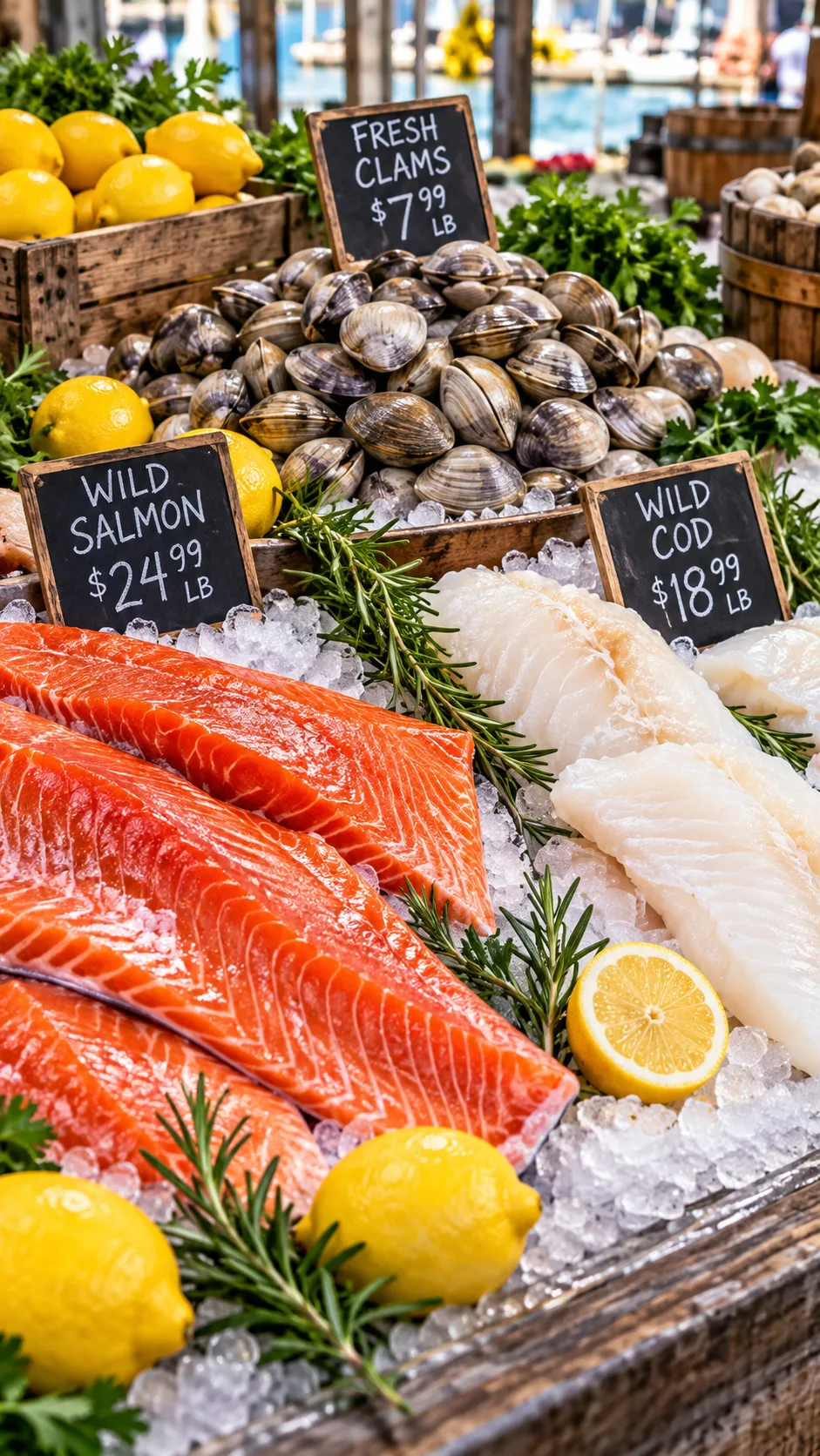 A bright grocery market stall displaying fresh fillets of wild salmon, white cod, mounds of clams, fresh lemons, and sprigs of rosemary on crushed ice, shot with natural lighting and vibrant colors.